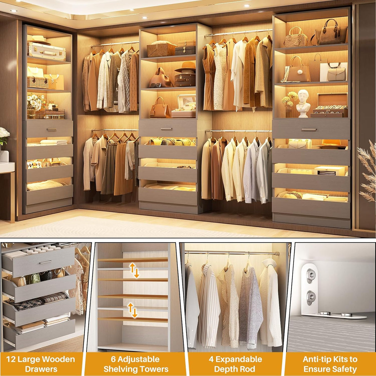 Aheaplus Closet System with 12 Drawers, 8.5-11.5Ft Wood Closet Organizer System with 4 Hanging Rods