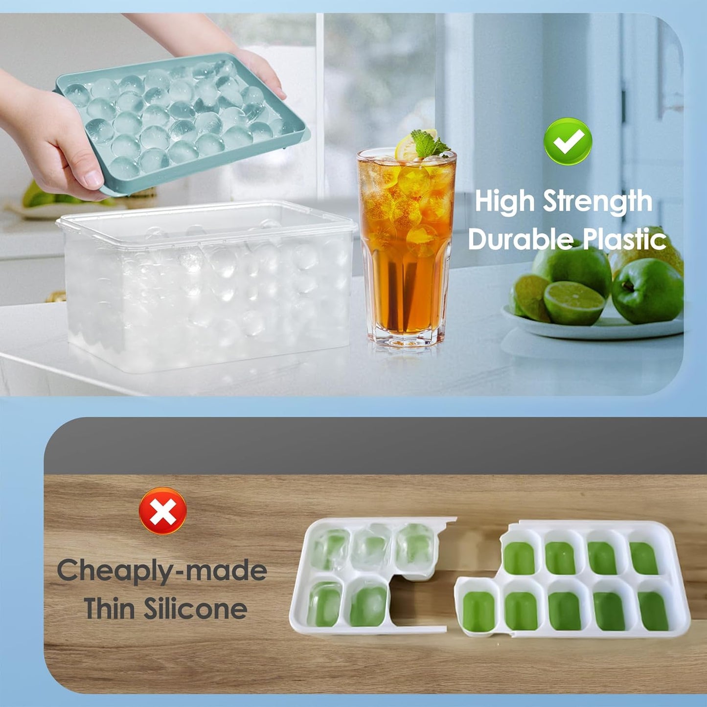 WIBIMEN Ice Cube Tray with Lid and Bin - Round Ice Trays for Freezer with Lid - Ice Cube Trays for