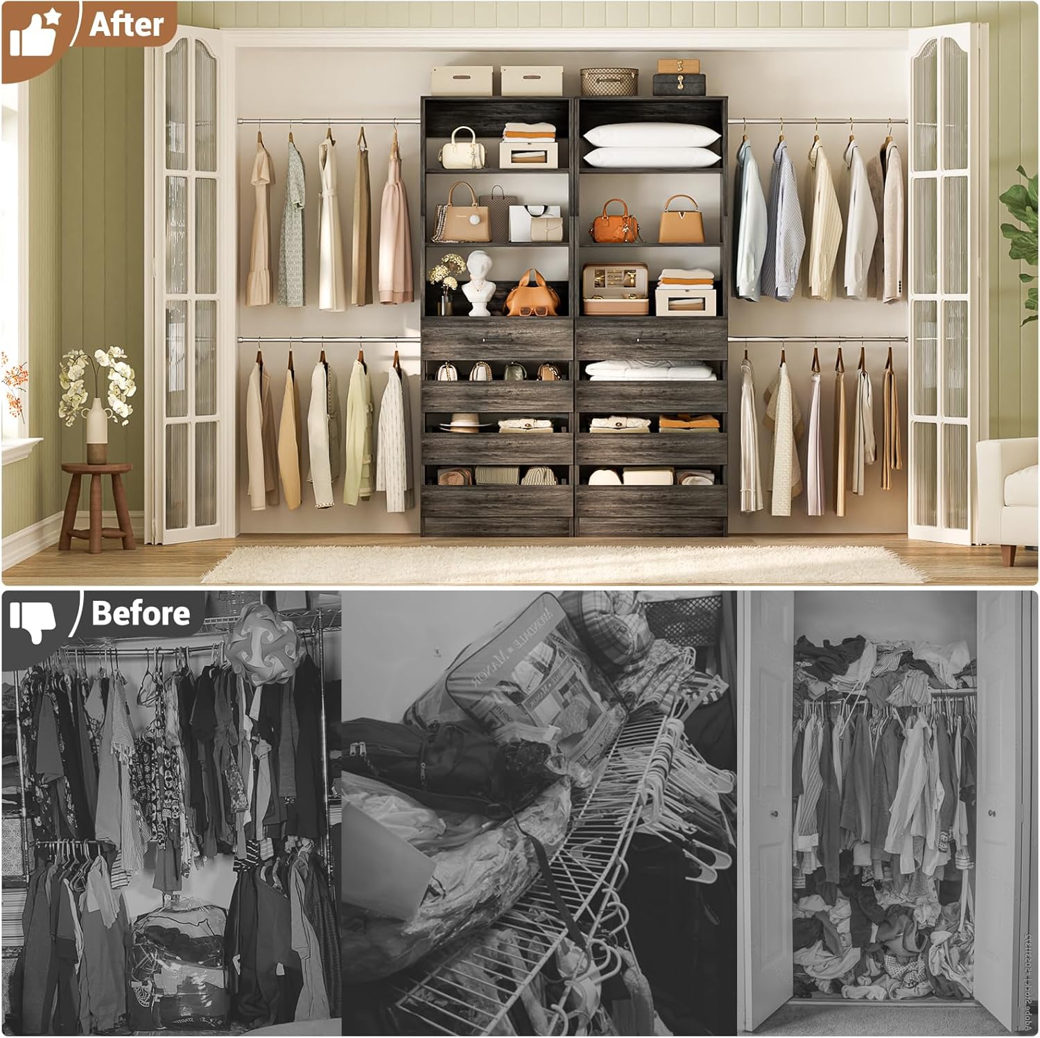 Aheaplus Closet System, 6-15Ft Closet Organizer with 8 Wooden Drawers, Wood Closet Organizer System