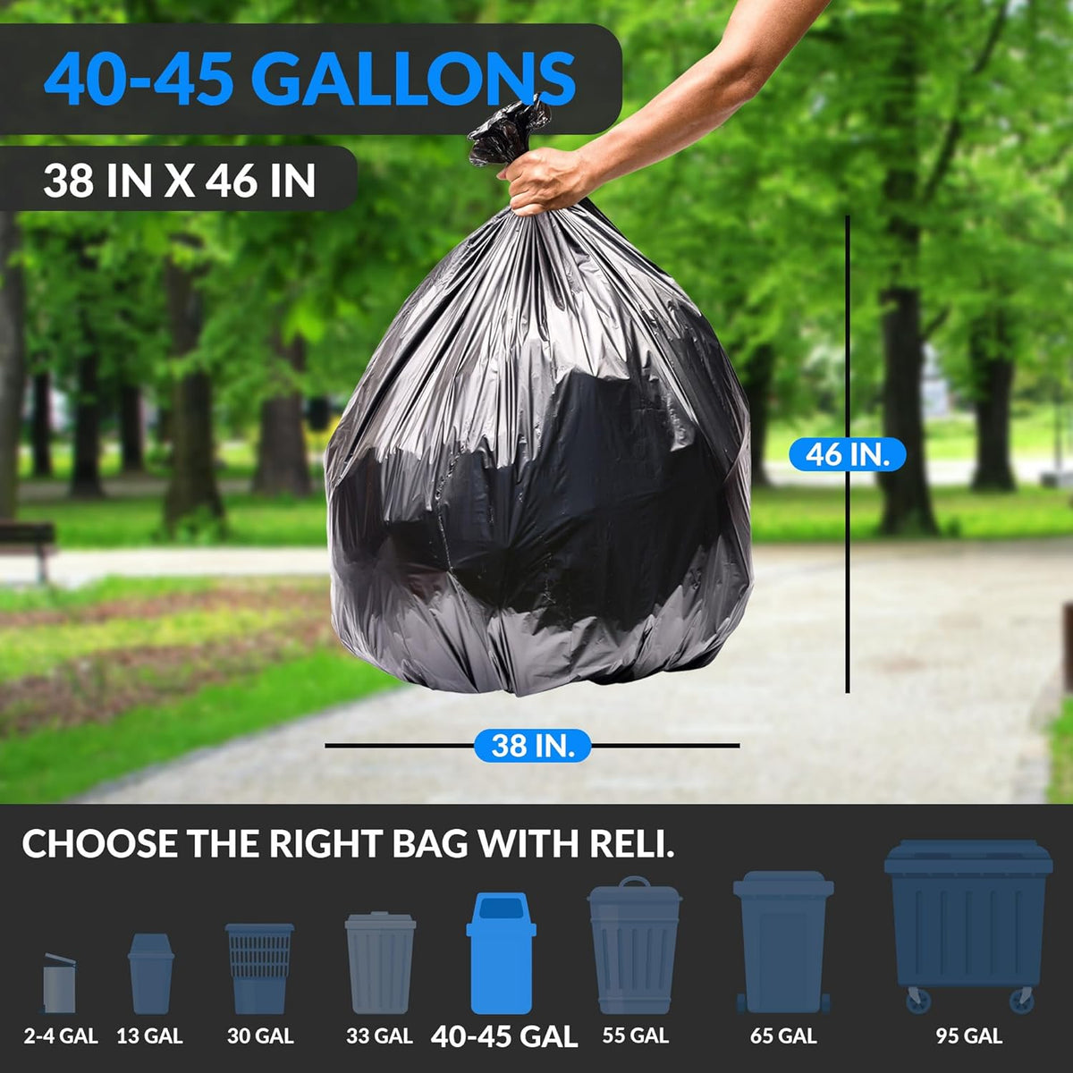 Reli. 40 to 45 Gallon Trash Bags Heavy Duty | 250 Trash Bags | Super Sizeable, Black, Garbage for