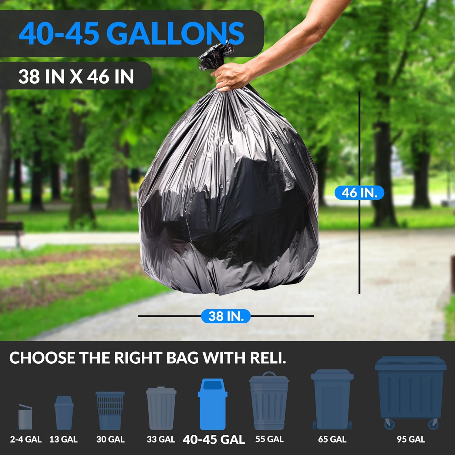 Reli. 40 to 45 Gallon Trash Bags Heavy Duty | 250 Trash Bags | Super Sizeable, Black, Garbage for
