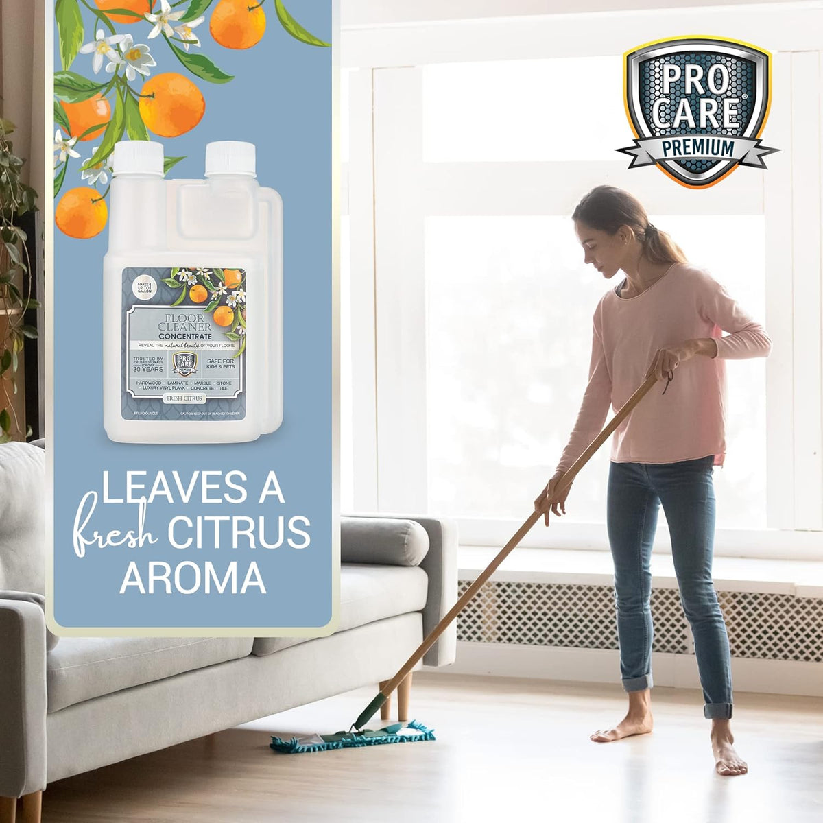 ProCare Citrus Floor Cleaner Concentrate (Made in USA) | Vinyl, Wood, Tile, Stone & Laminate Floor