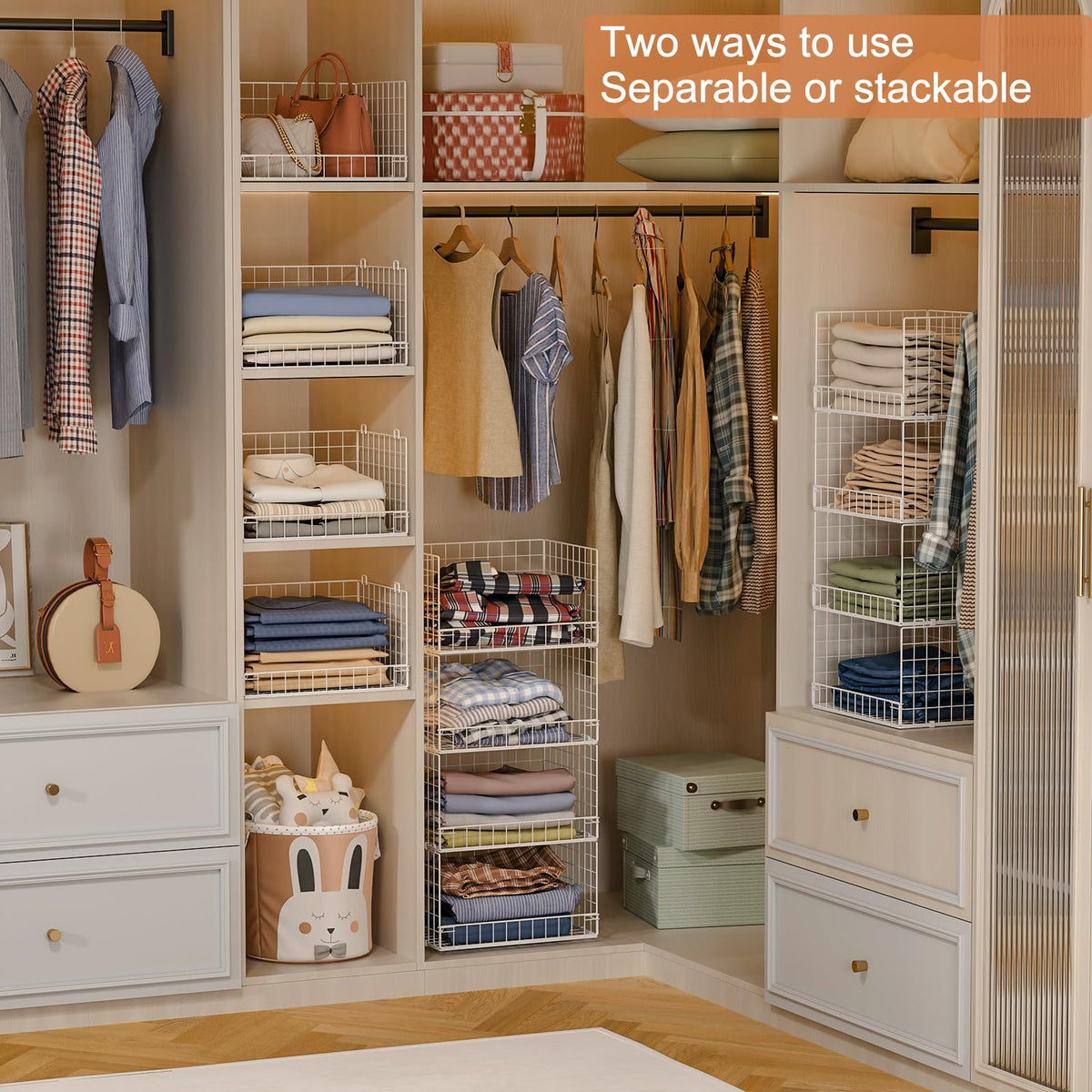 Yociyoga 4-Tier Stackable Closet Organizers and Storage Basket, Foldable Closet Shelf Organizer