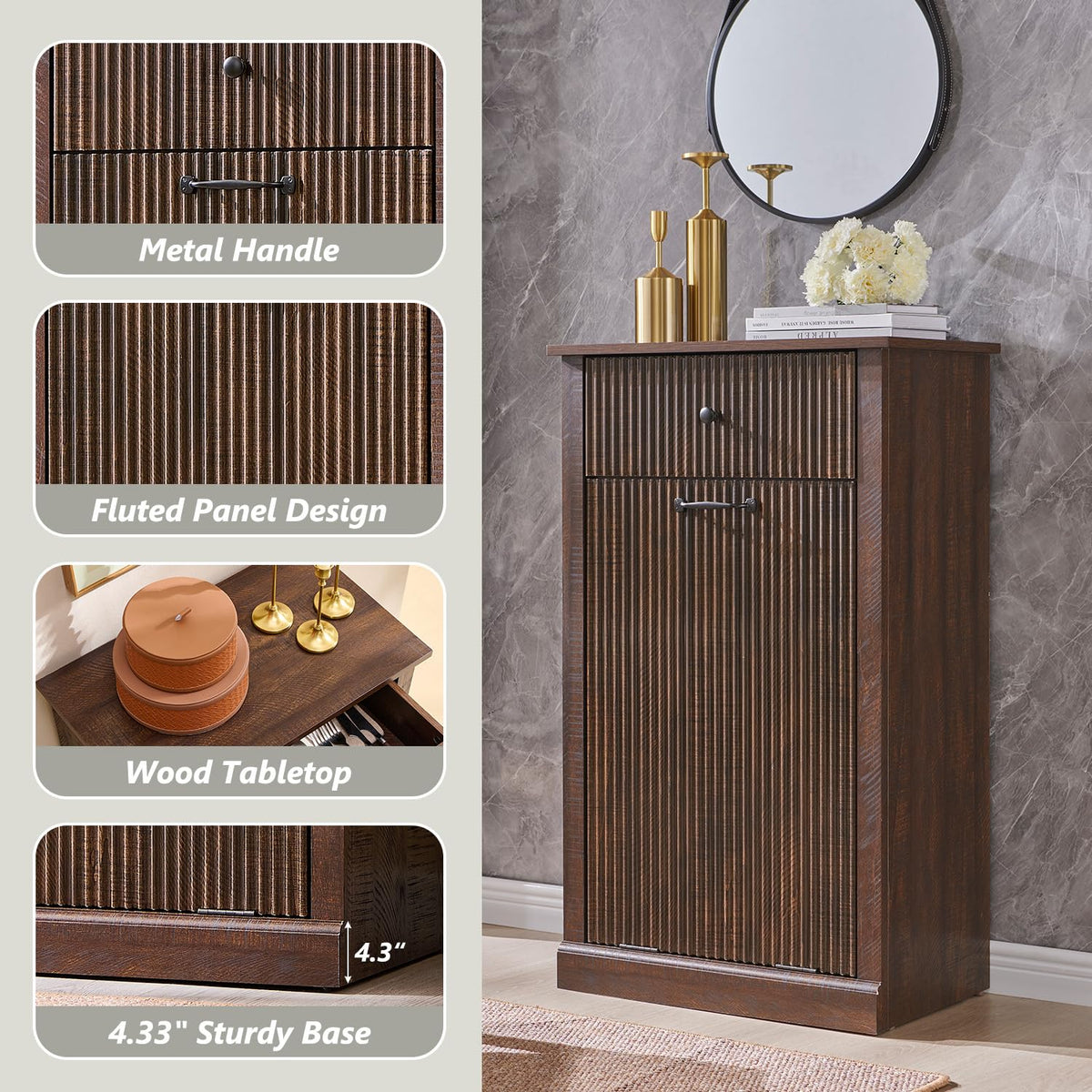 Modern Tilt-Out Trash Can Cabinet, 10 Gallon Fluted Laundry Hamper Cabinet with Drawers, Wooden