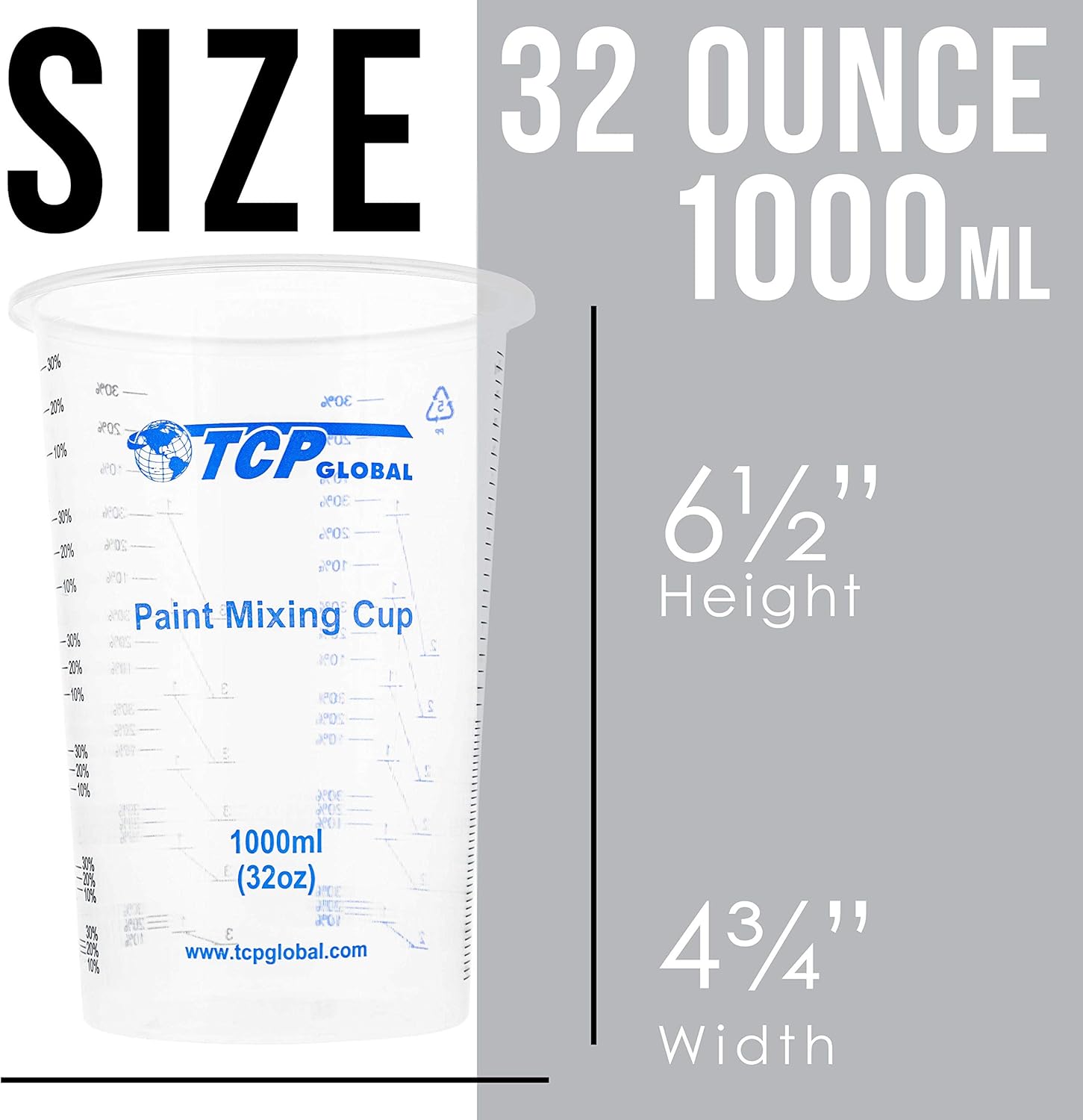 TCP Global 32 oz. (1000ml) Graduated Plastic Mixing Cups (Box of 25) - Disposable Plastic Measuring