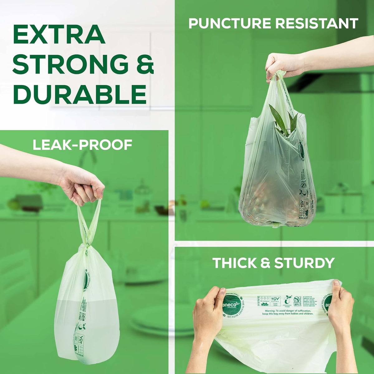 ANECO 100% Compostable Food Waste Bags 2.6 Gallon With Handles, Small Compost Bags for Countertop