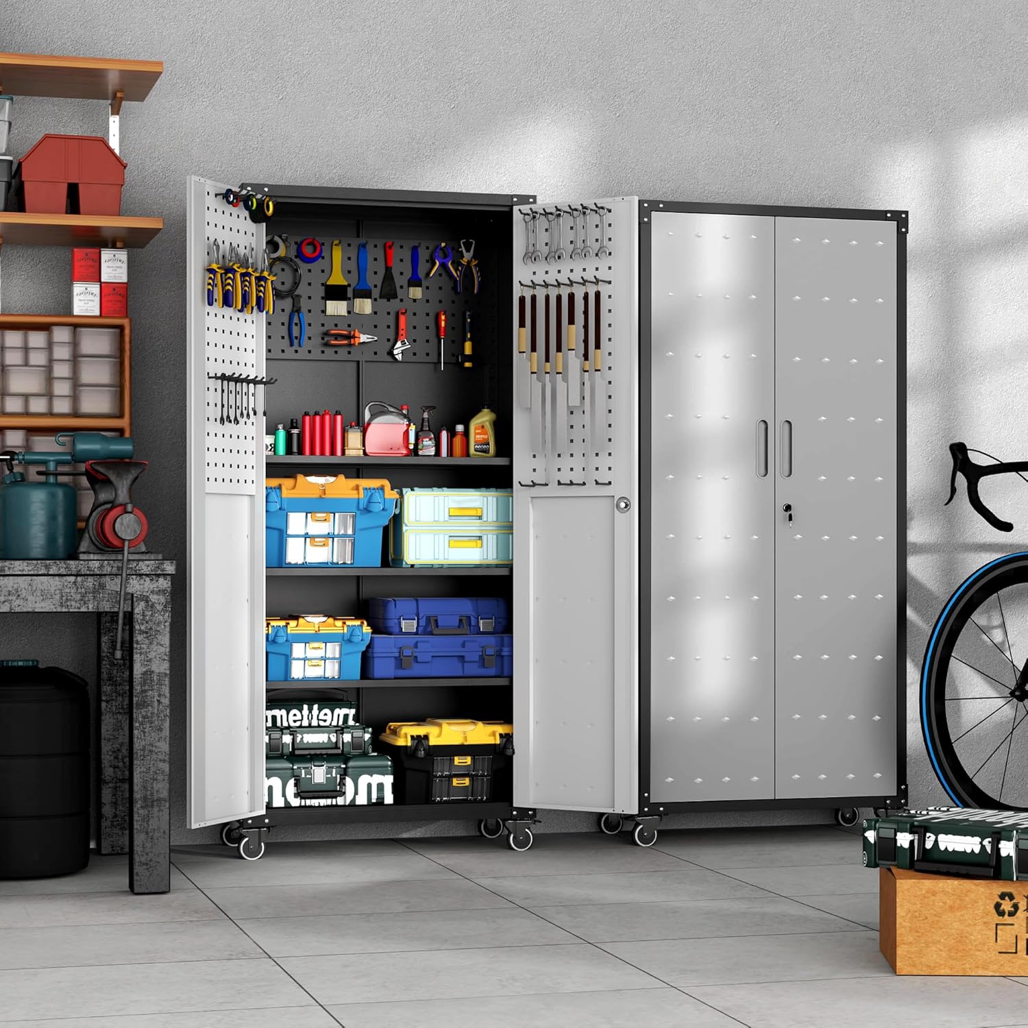 Garage Metal Storage Cabinet with Pegboard, 71'' Tall Storage Cabinet with Adjustable Shelves and