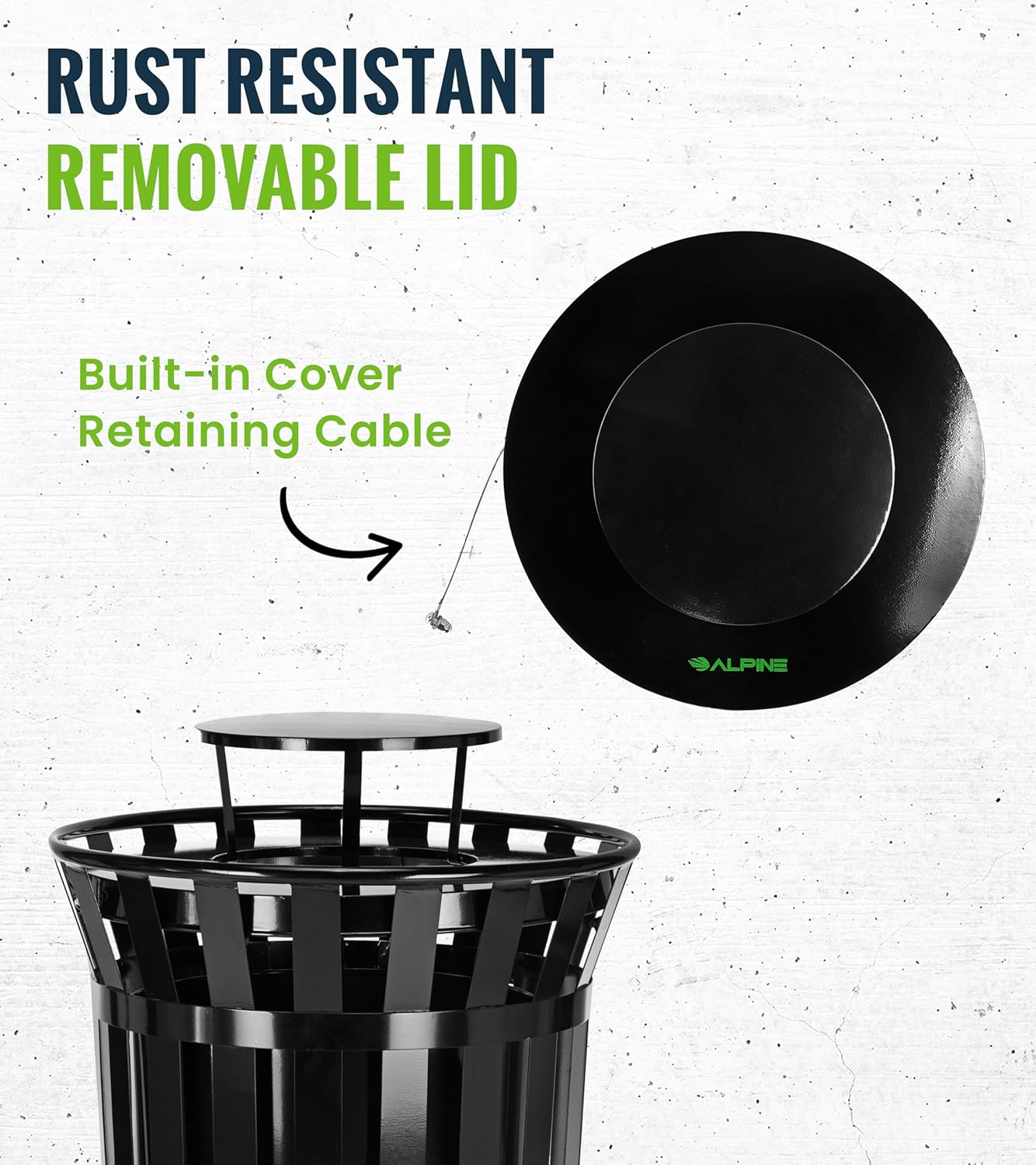 Trash can Lid for Alpine Commercial Outdoor Trash Can - Weather Resistant Round Metal Trash Can