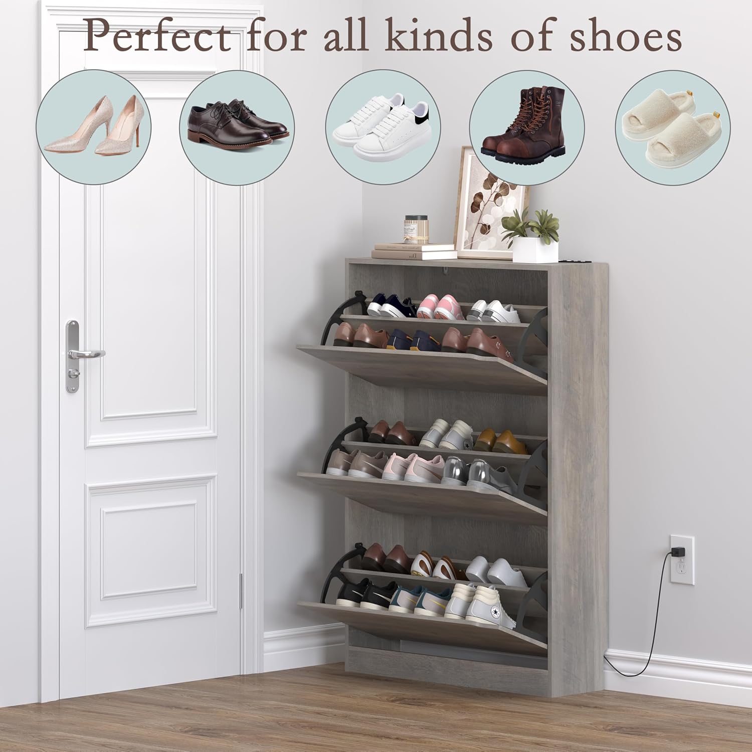 Shoe Cabinet with Odor Control and Back Panels, Deodorizing Slim 3-Flip Shoe Storage Cabinet for