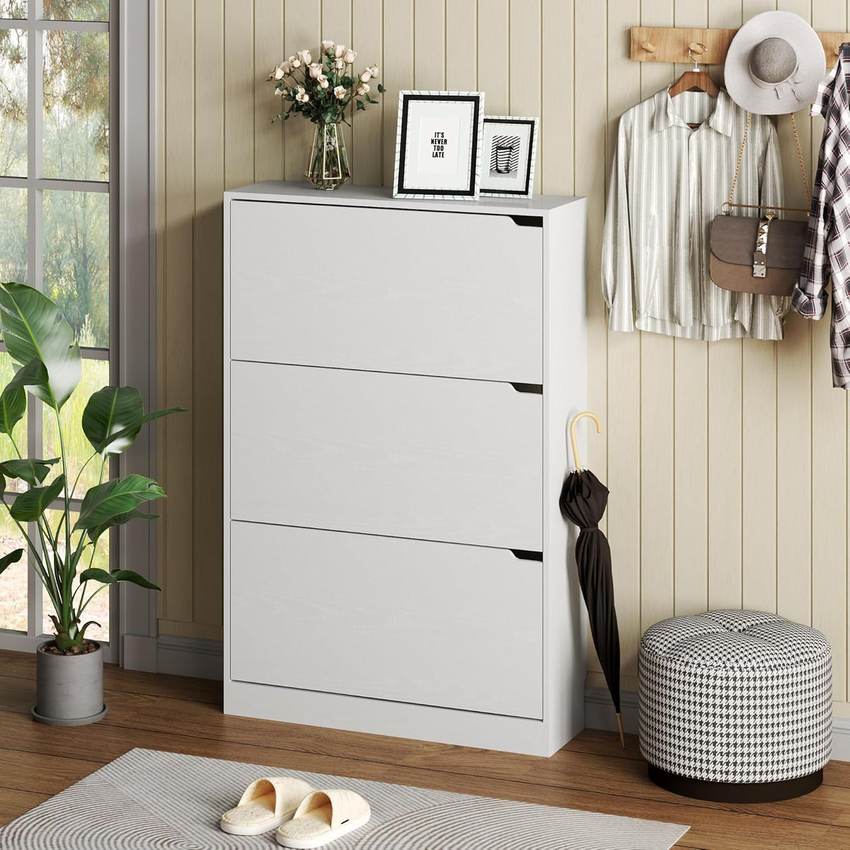 Shoe Cabinet with 3 Flip Drawers, Hidden Wood Shoe Cabinet,Freestanding Shoe Storage Cabinet for