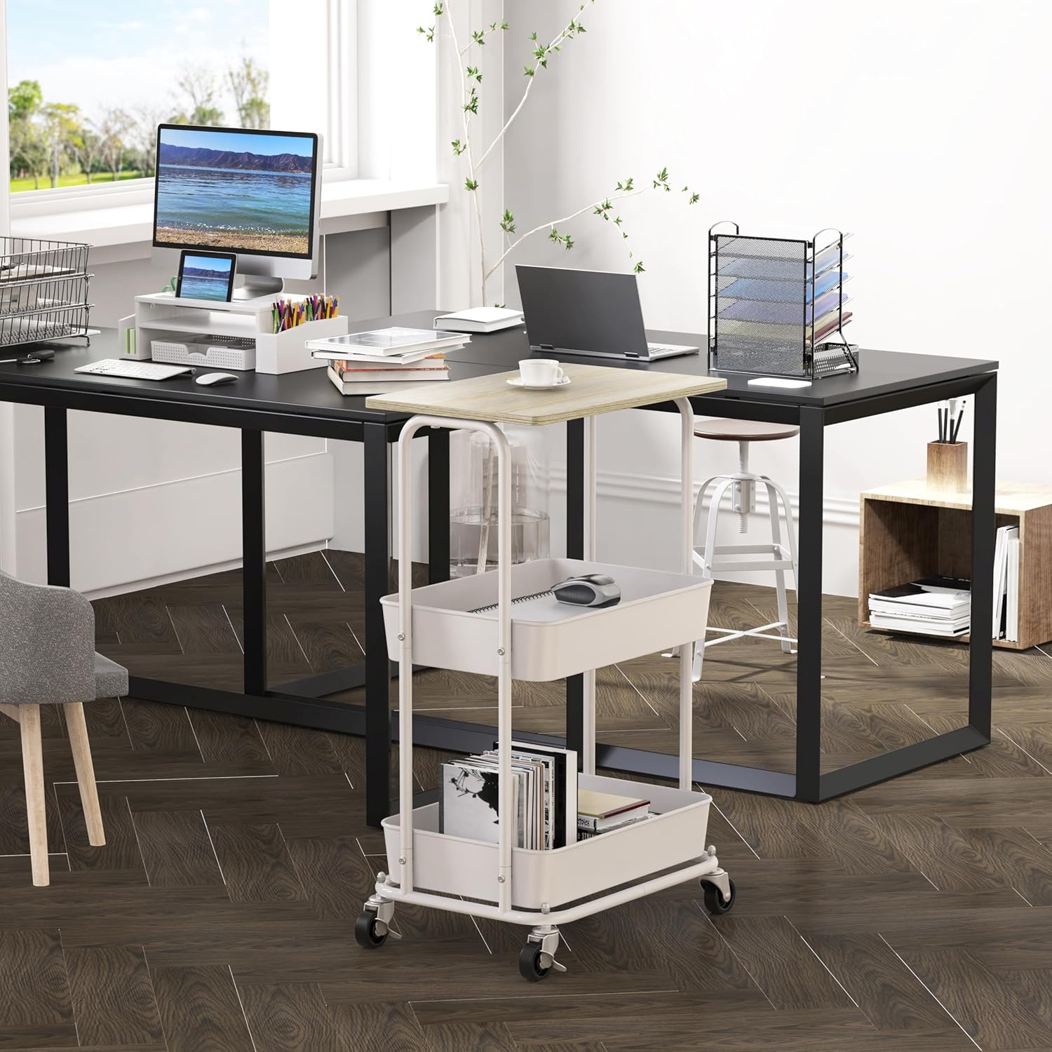 Simple Houseware 2-Tier Rolling Utility Cart with Lockable Wheels and Wood Top, Metal Storage