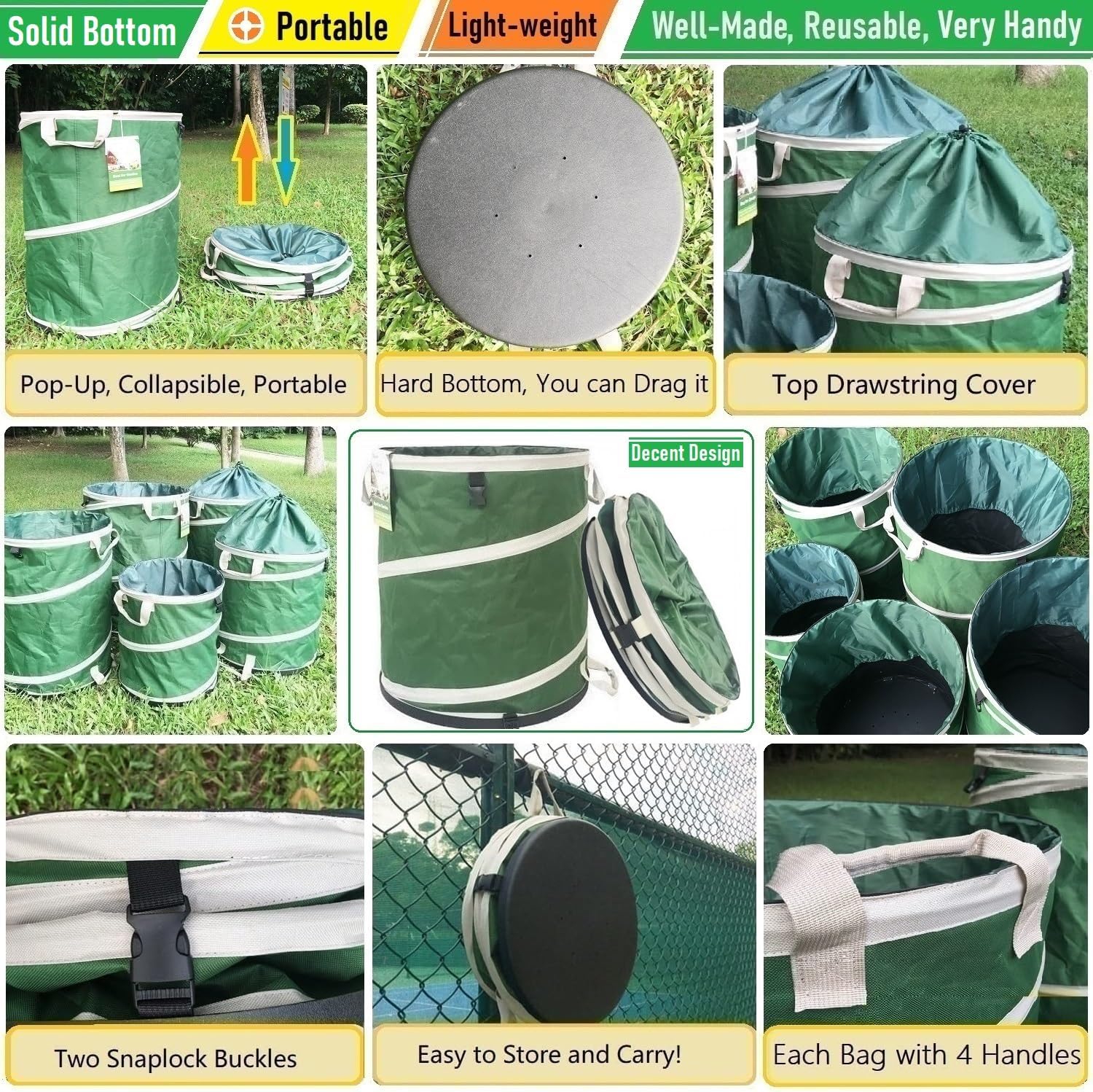 32-Gallon Collapsible Trash Can (19x25 in) Hard-Shell Bottom Yard Garden Bag for Pop-Up Recycling
