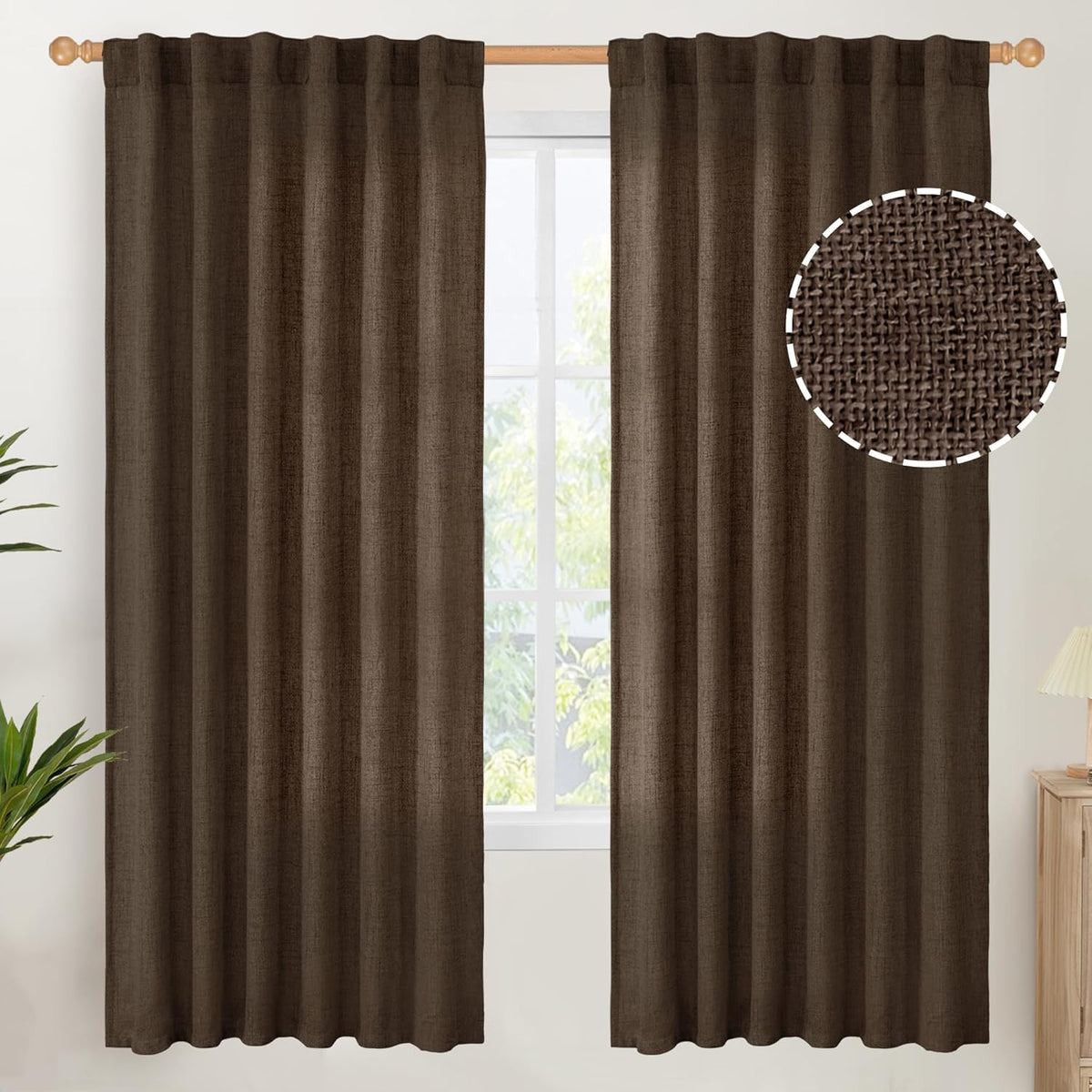 YoungsTex Dark Brown Linen Curtains for Living Room 2 Panels, Chocolate Light Filtering Window