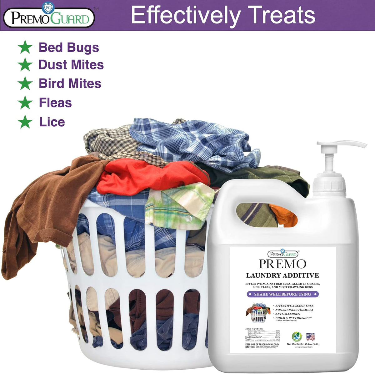 Premo Guard Bed Bug, Mite & Lice Laundry Detergent Additive 64 oz – Child & Pet Friendly – Stain &