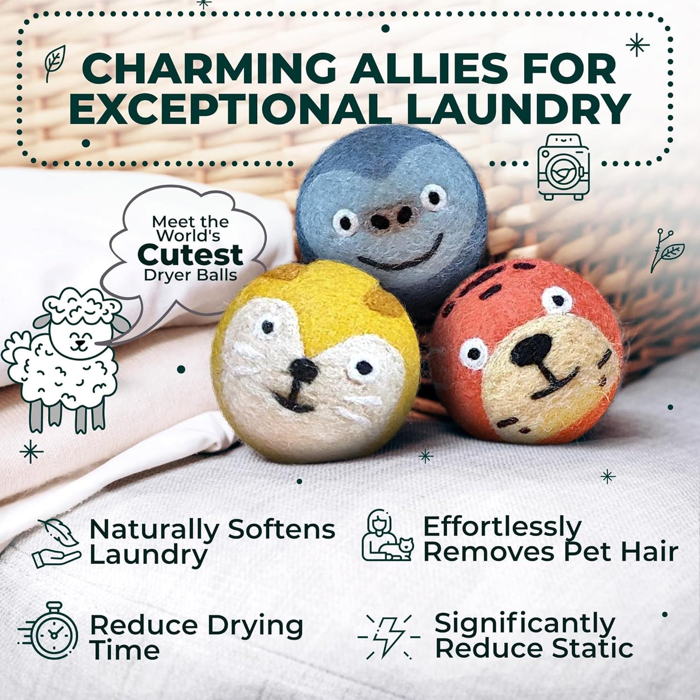 No More Dryer Sheets! Reusable Wool Dryer Balls XL 6-Pack - Reduces Static, Cuts Dry Time, &