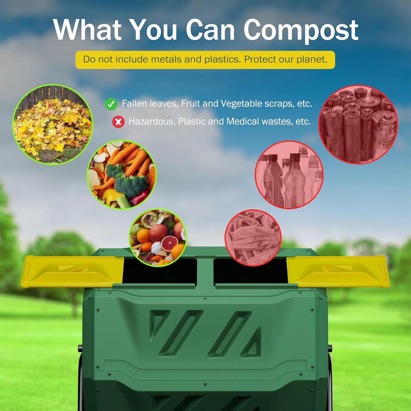 43 Gallon Outdoor Dual Chamber Tumbling Composter - BPA Free, Rotating Compost Bin with Sliding