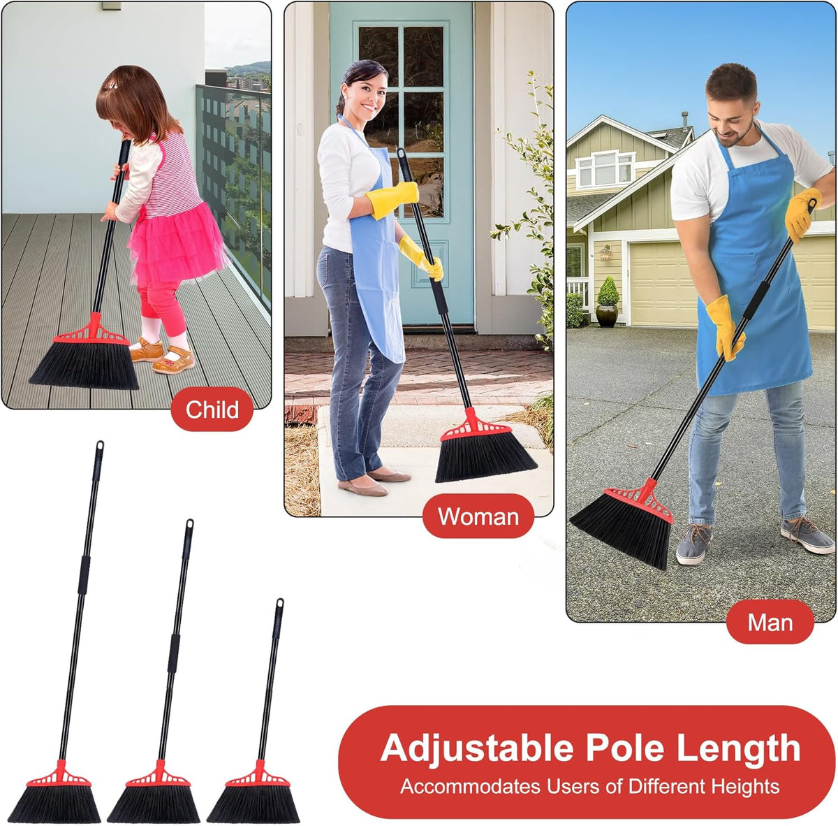 Heavy Duty Angle Broom - 55" Adjustable Iron Handle with Stiff Bristles - Commercial-Grade