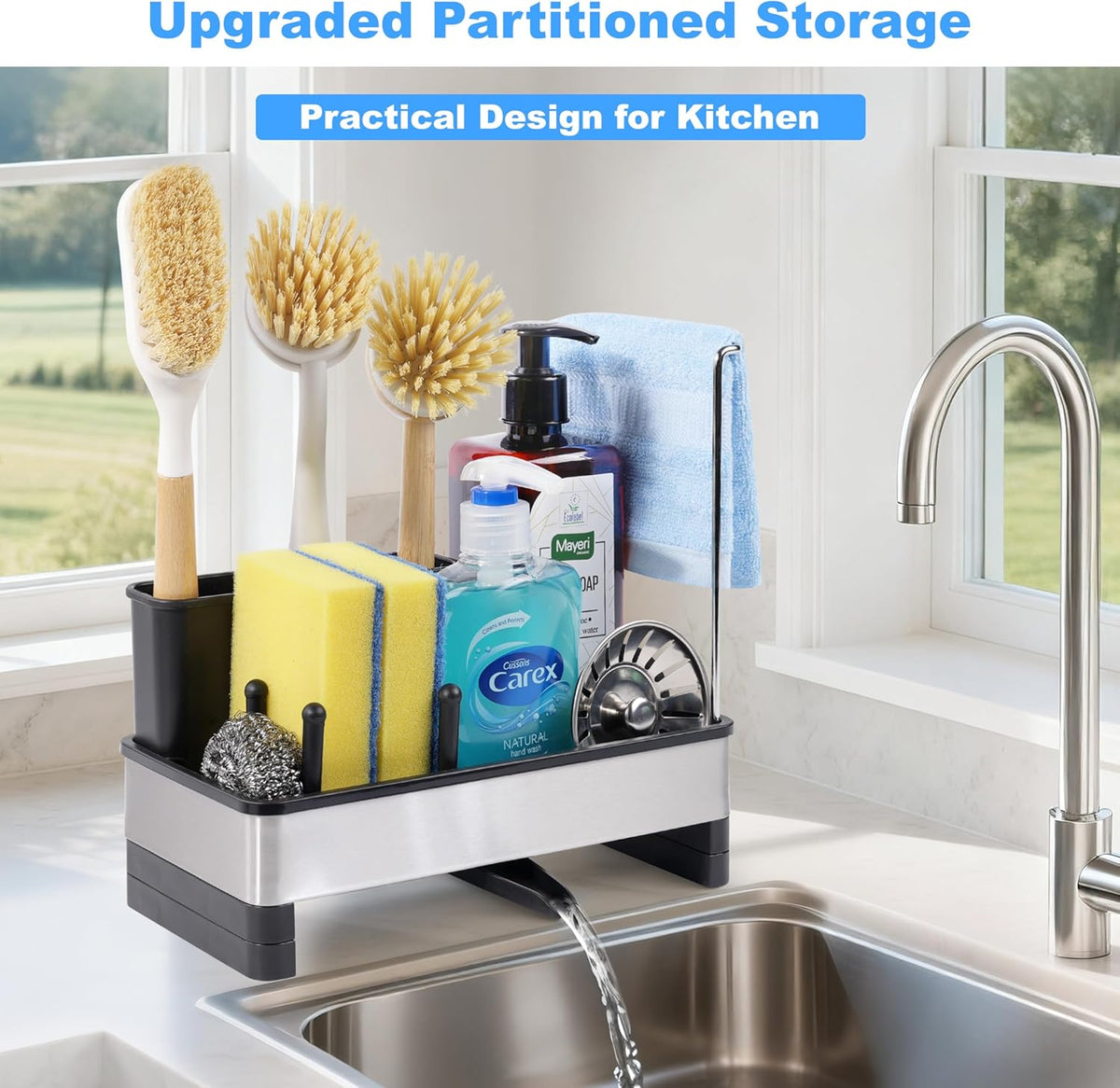 Stainless Steel Sponge Holder for Kitchen Sink Caddy Organizer Rack for Dish Brush Holder, Soap