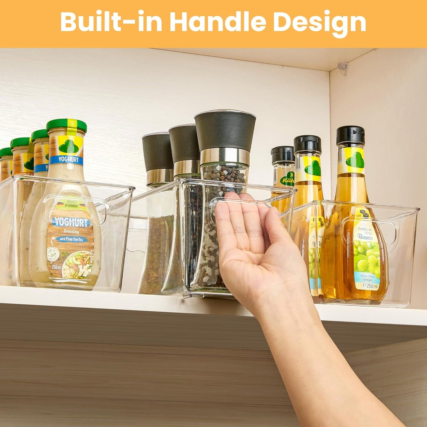YIHONG Clear Plastic Storage Bins, 4 Pack Small Pantry Organizer Bins with Handle for Kitchen