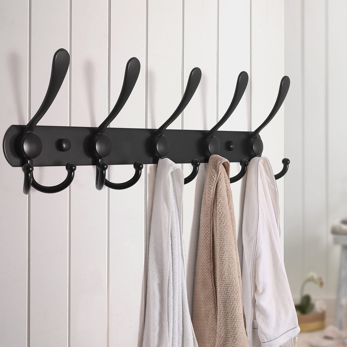 Dseap Coat Rack Wall Mounted - 5 Tri Hooks, Heavy Duty, Stainless Steel, Metal Coat Hook Rail for