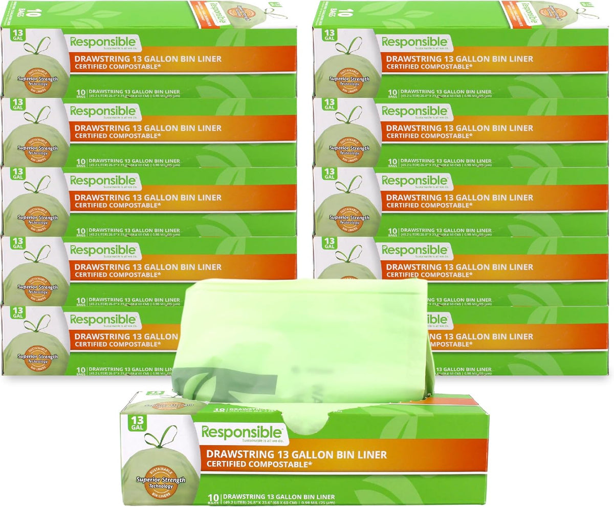 Responsible Products Kitchen Bin Liners, Certified Compostable, Heavy Duty Multipurpose Food Scrap