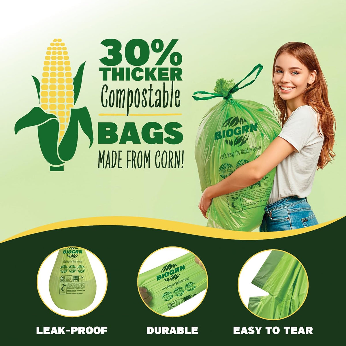 10-13 Gallon Compostable Trash Bags Drawstring 30 Bags Heavy Duty Extra Thick 1 Mil 49.21 Liter