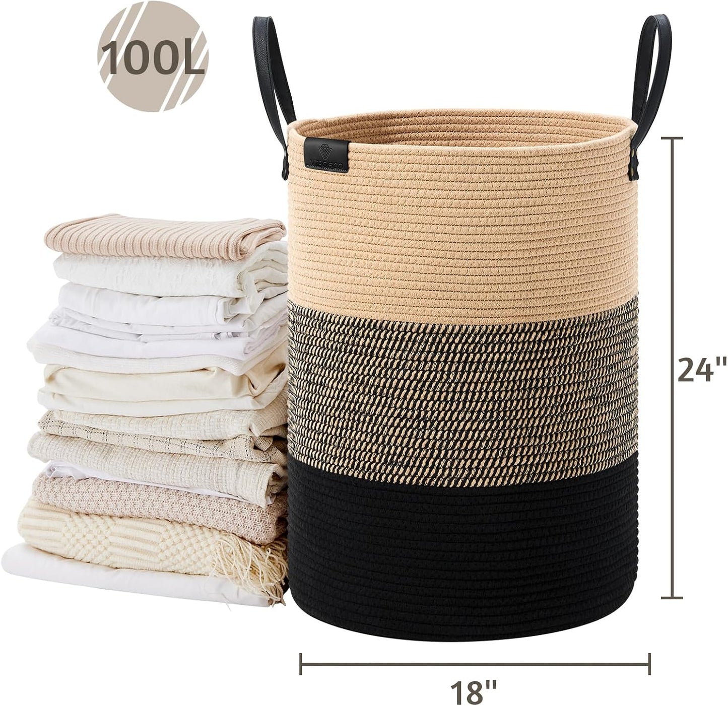 VIPOSCO Tall Laundry Basket, Large Dirty Clothes Hamper with Leather Handle, Woven Rope Storage