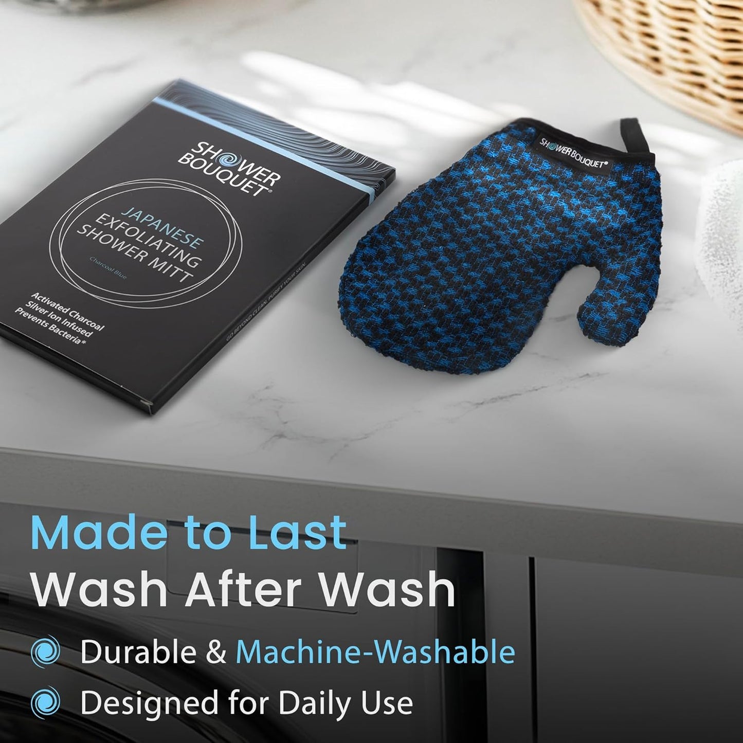 Japanese Exfoliating Mitt for Shower [1-Pack, Blue] - Charcoal & Silver Ion Exfoliating Glove