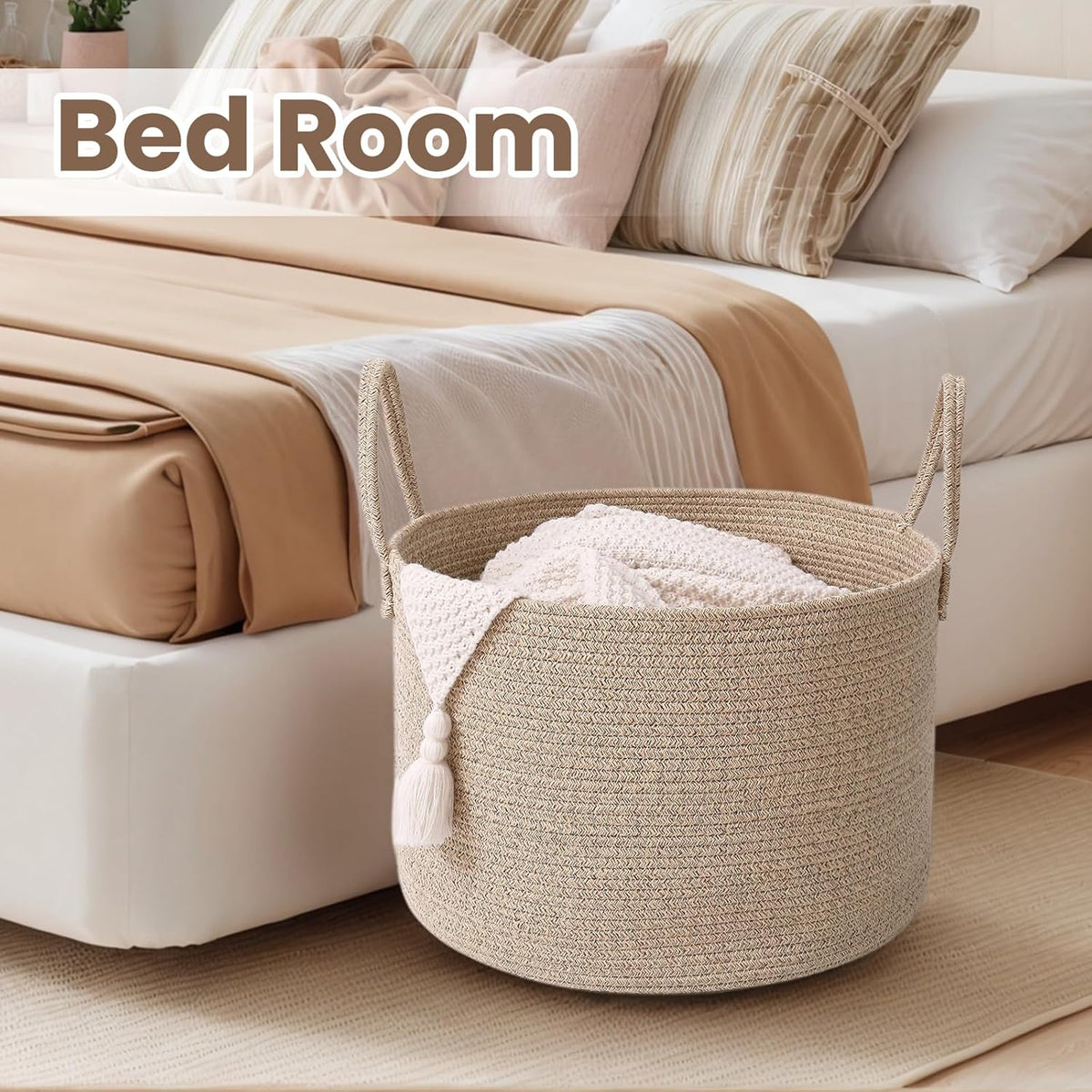 Woven Blanket Basket,115L Large Rope Storage Bin with Handles, Organizer for Blankets Toys Book and