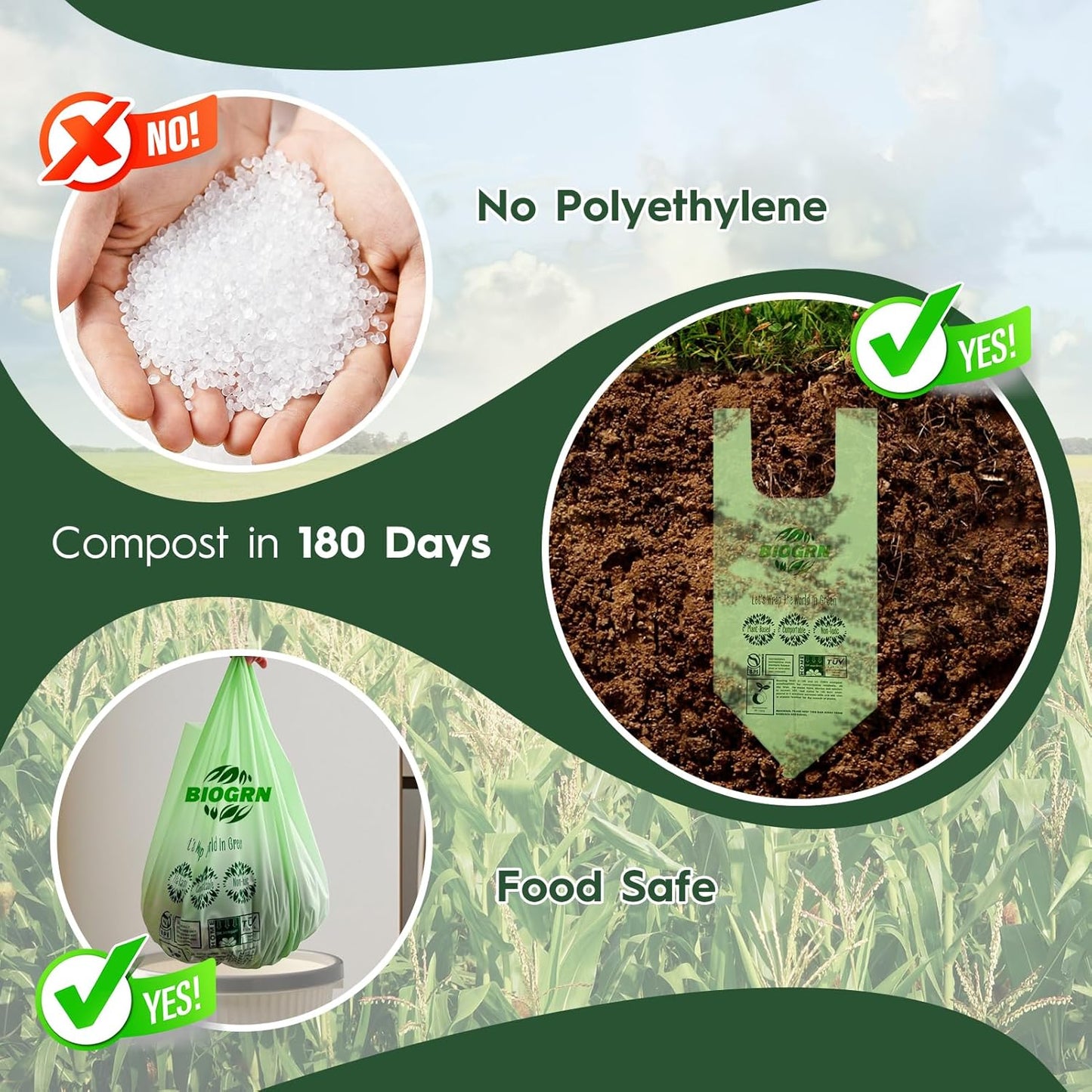 2.6-3 Gallon Compostable Trash Bags with Handles 80 Count 0.67 Mil 11.36 L Small Kitchen Wet Food