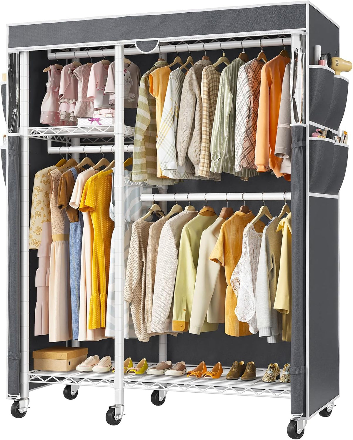 Raybee Clothes Rack with Cover,Clothing Racks for Hanging Clothes with Wheels and Adjustable