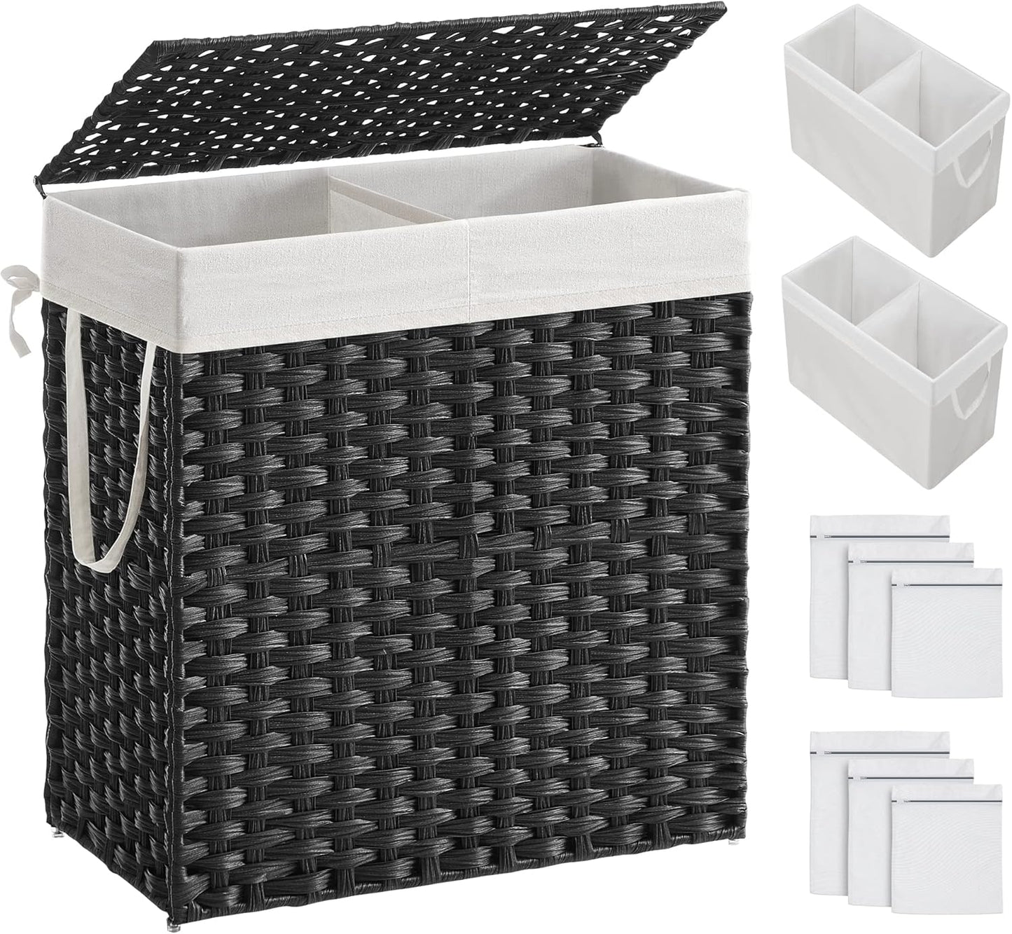 SONGMICS Laundry Hamper with Lid, 110L Clothes Hamper with 2 Removable Liner Bags, 6 Mesh Bags