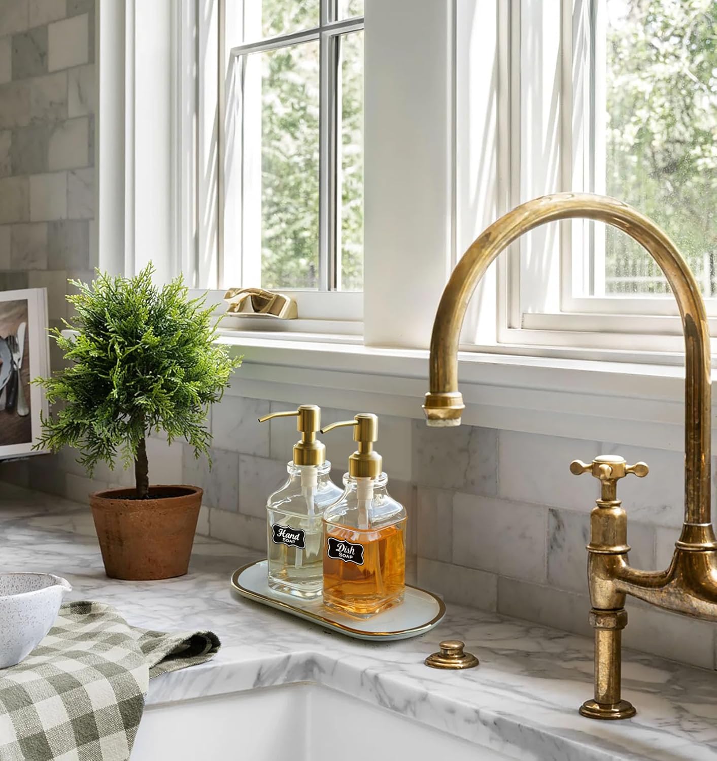 JASAI Antique Square Glass Soap Dispenser with Golden Rust Proof Pump, Refillable soap Dispenser