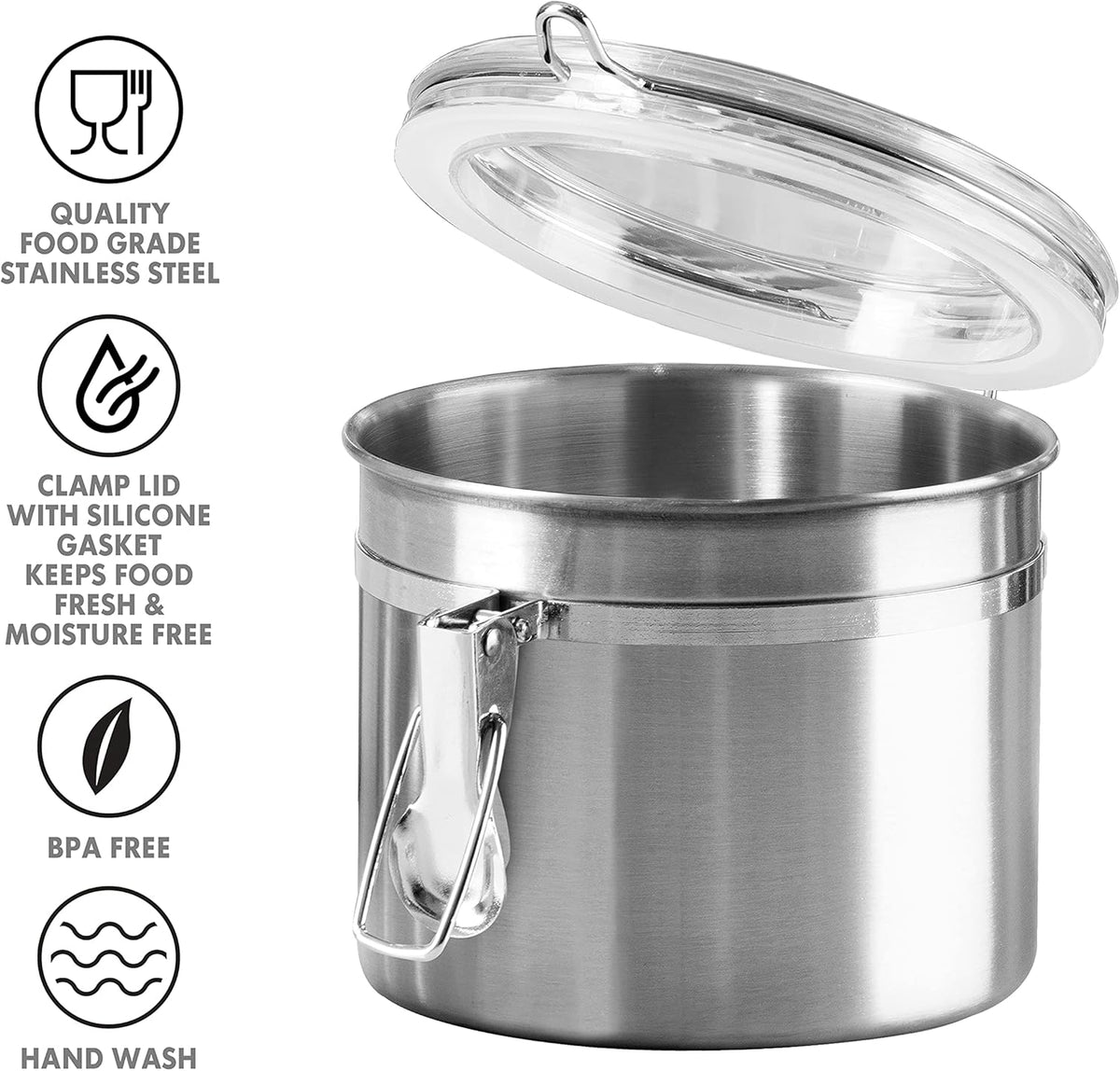 OGGI Stainless Steel Kitchen Canister 26 fl oz - Airtight Clamp Lid, Clear See-Thru Top - Ideal for