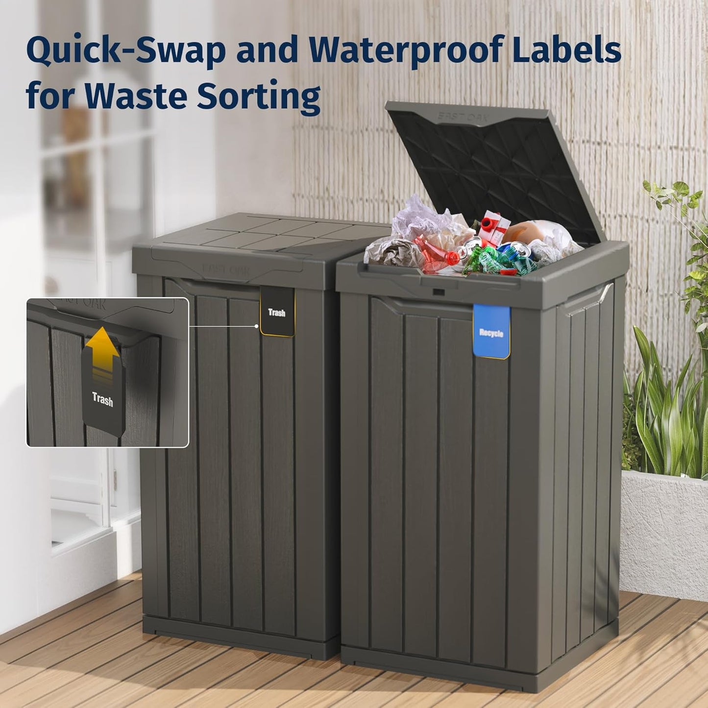 EAST OAK 31 Gallon Outdoor Trash Can | Waterproof Resin Garbage Can with Recycle and Garbage Labels