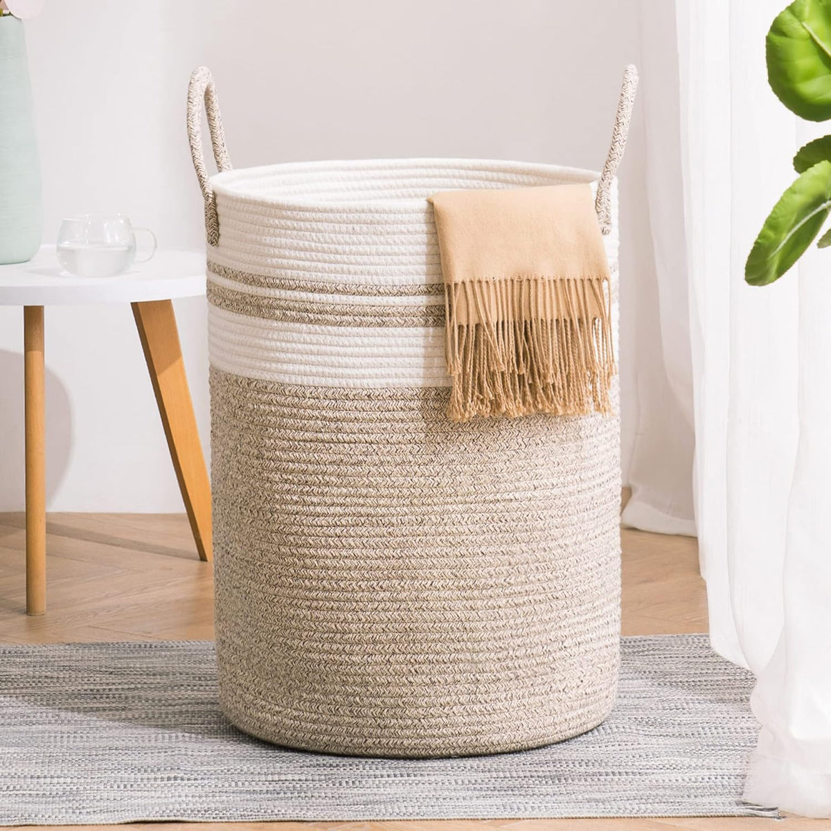 YOUDENOVA Woven Rope Laundry Hamper Basket, 58L Tall Laundry Basket for Blanket Organizer- Clothes