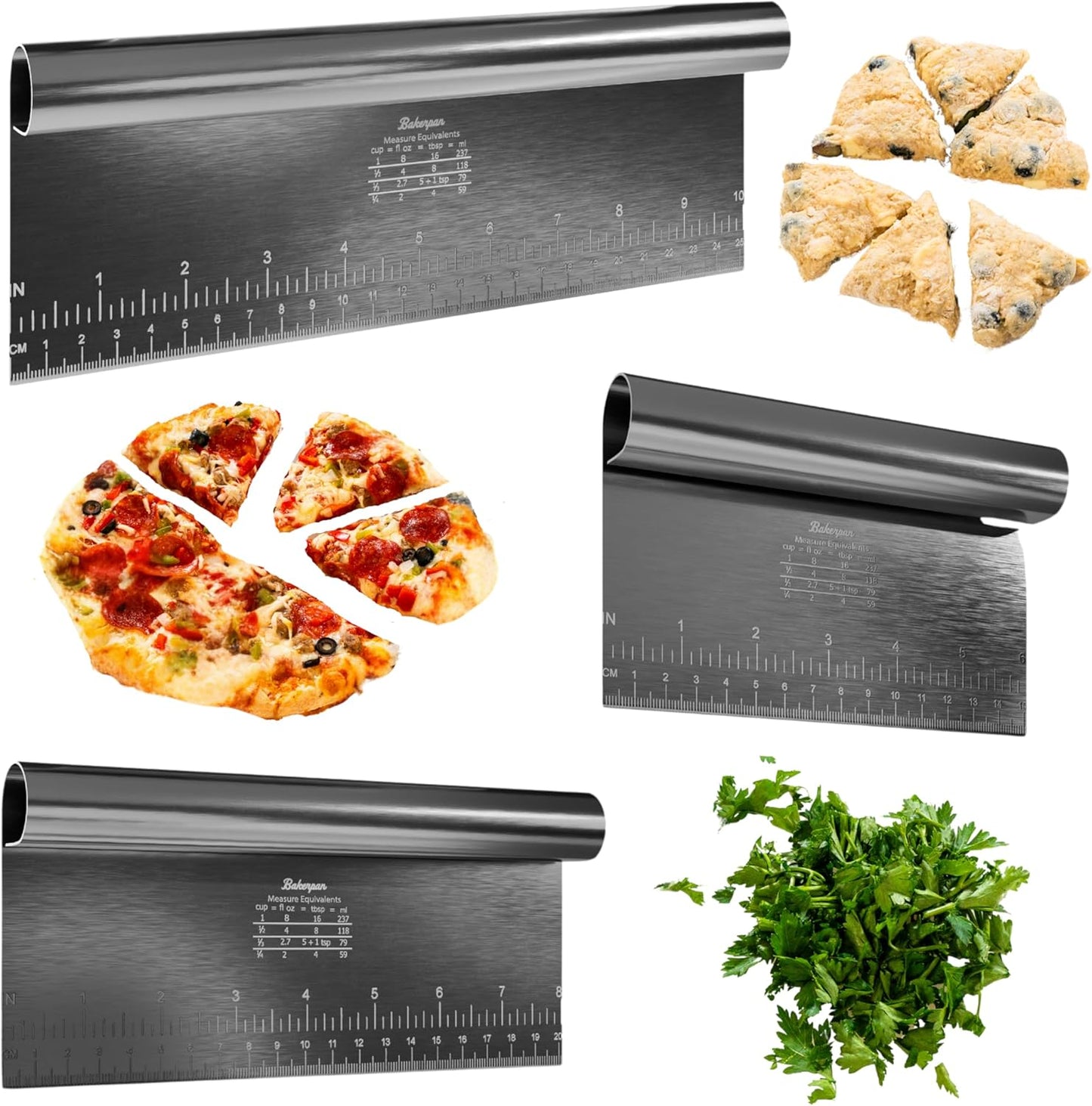 Bakerpan Stainless Steel Heavy Duty Dough Cutter, 3 Size Set - Metal Bench Scraper Kitchen