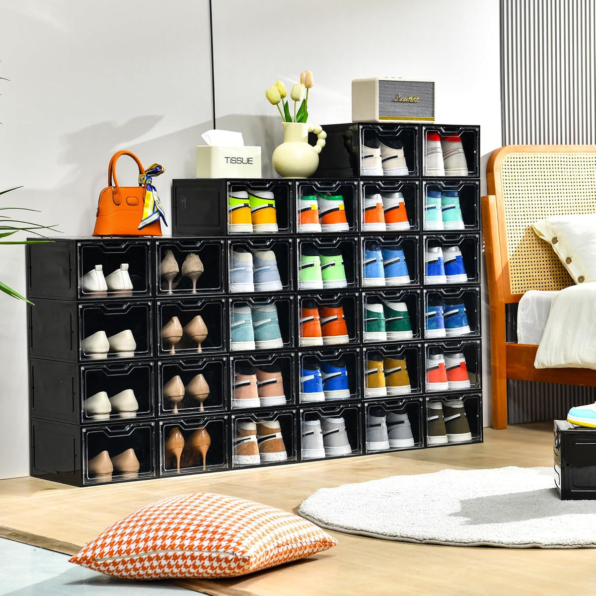 12 Pack Shoe Boxes Organizer, Magnetic Door Shoe Storage Boxes, Clear Sneaker Storage Box for