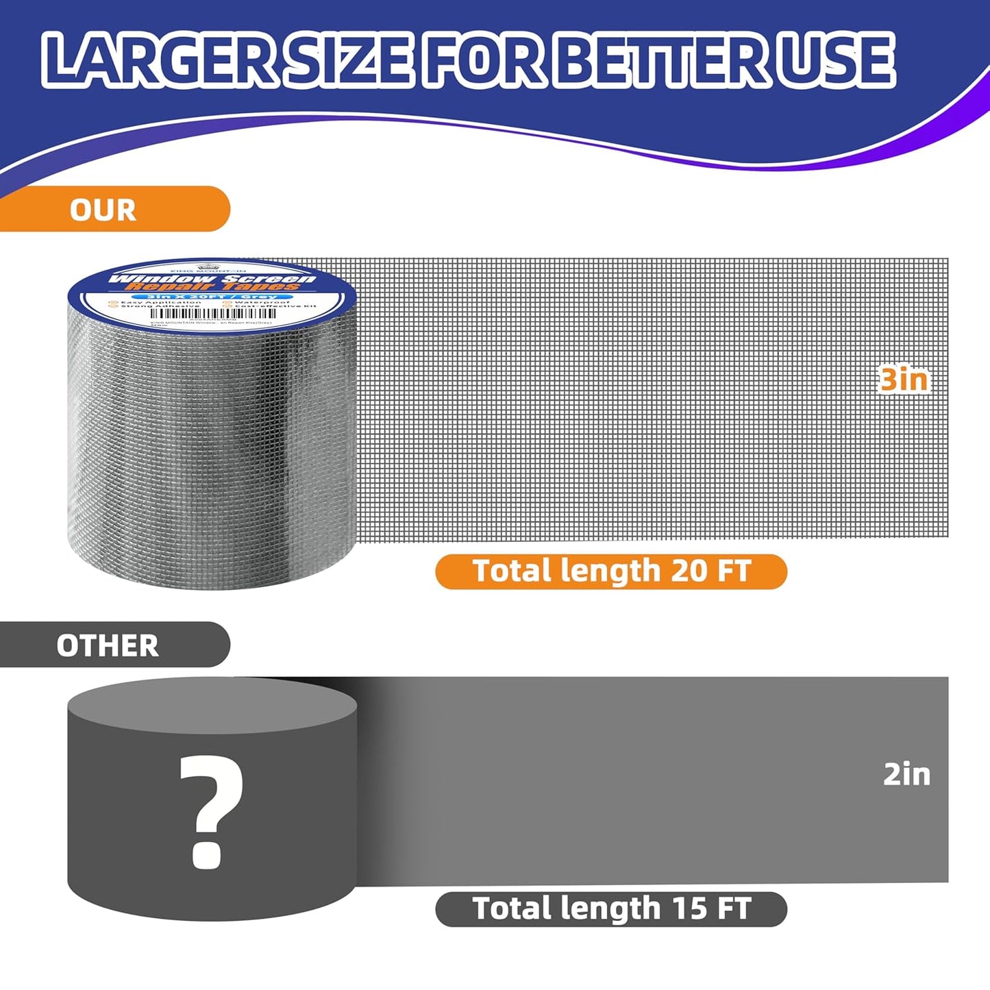 KING MOUNTAIN Grey Window Screen Repair Tape,3inX20FT Heavy Duty Screen Repair Kit for Window