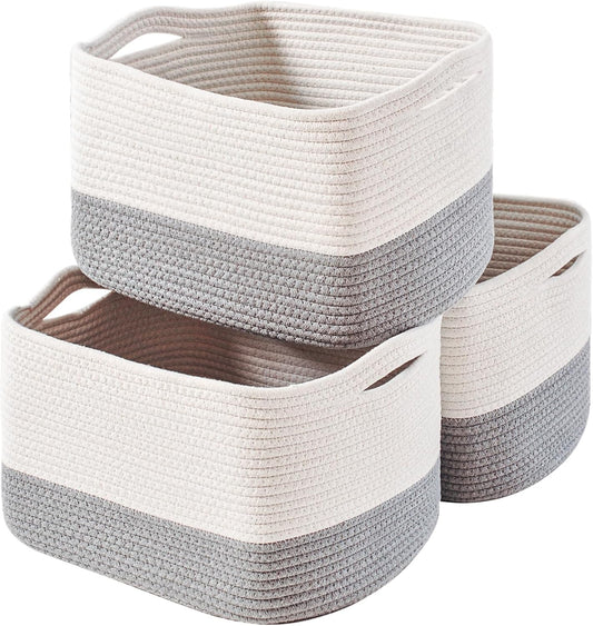 Storage Baskets for Organizing Shelves, Woven Cotton Rope Bins for Baby Nursery Organization, Book