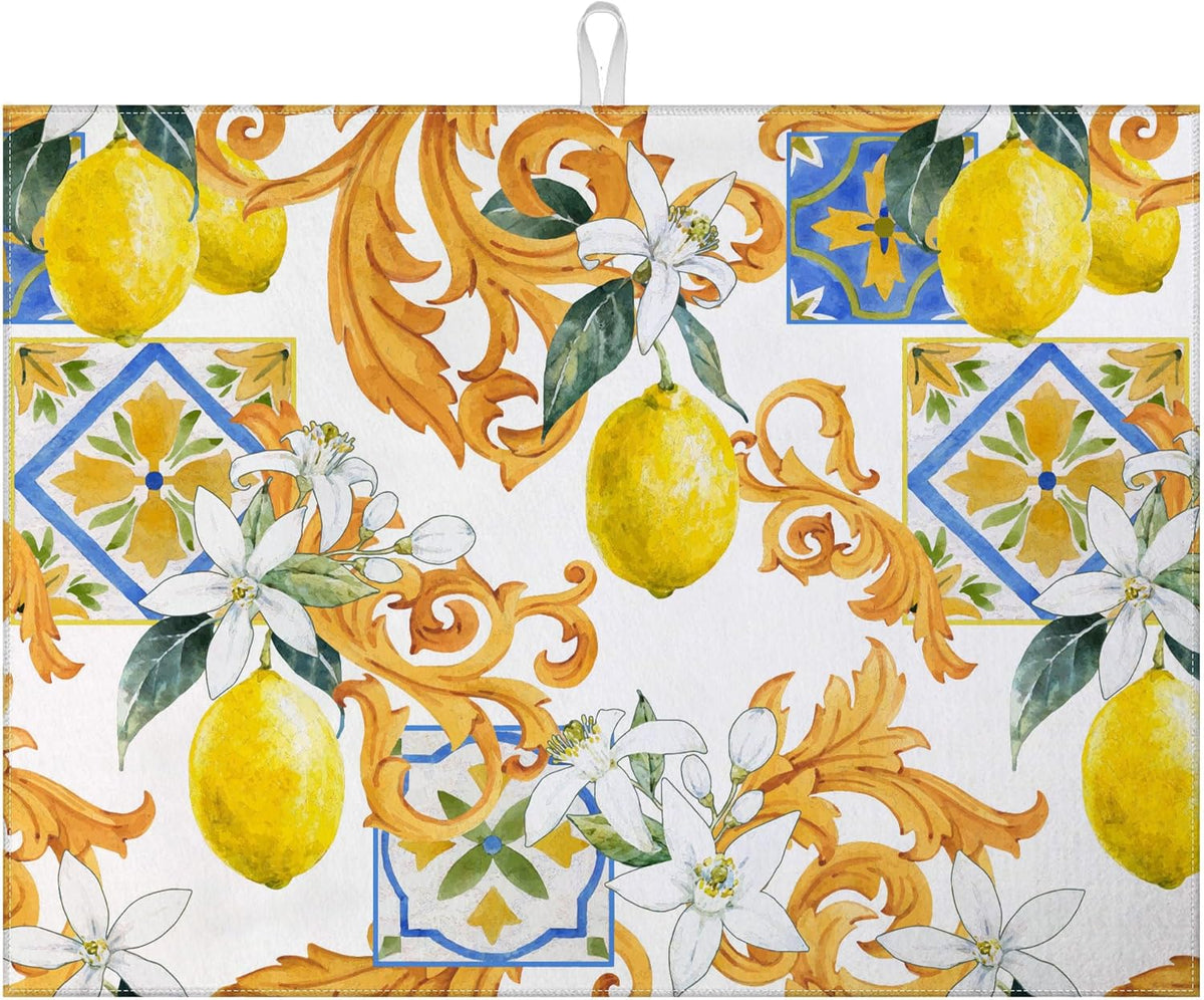 Watercolor Lemon Dish Drying Mat for Kitchen Counter Microfiber Absorbent Dish Kitchen Drying Mat