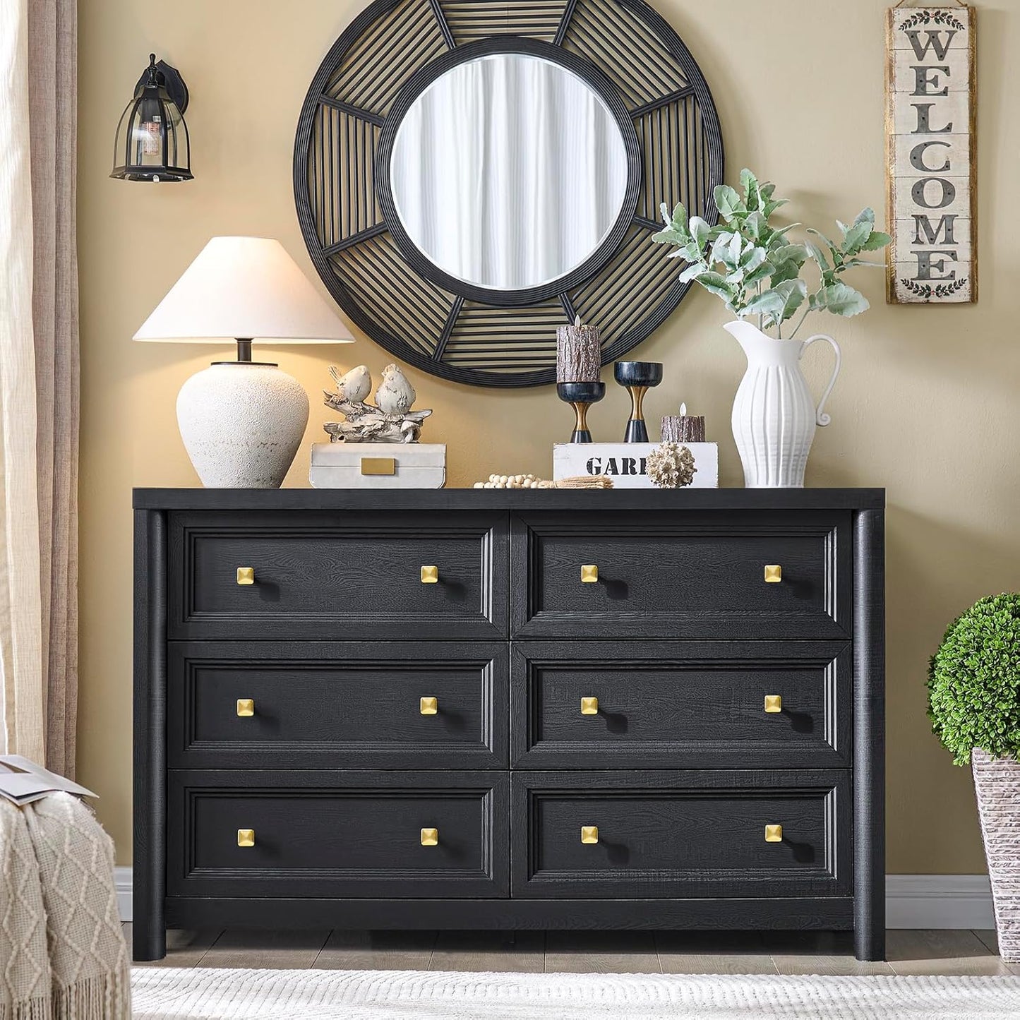 Black Dresser, Farmhouse 6 Drawer Dresser for Bedroom, 52 inch Wide Dressers with Deep Drawers