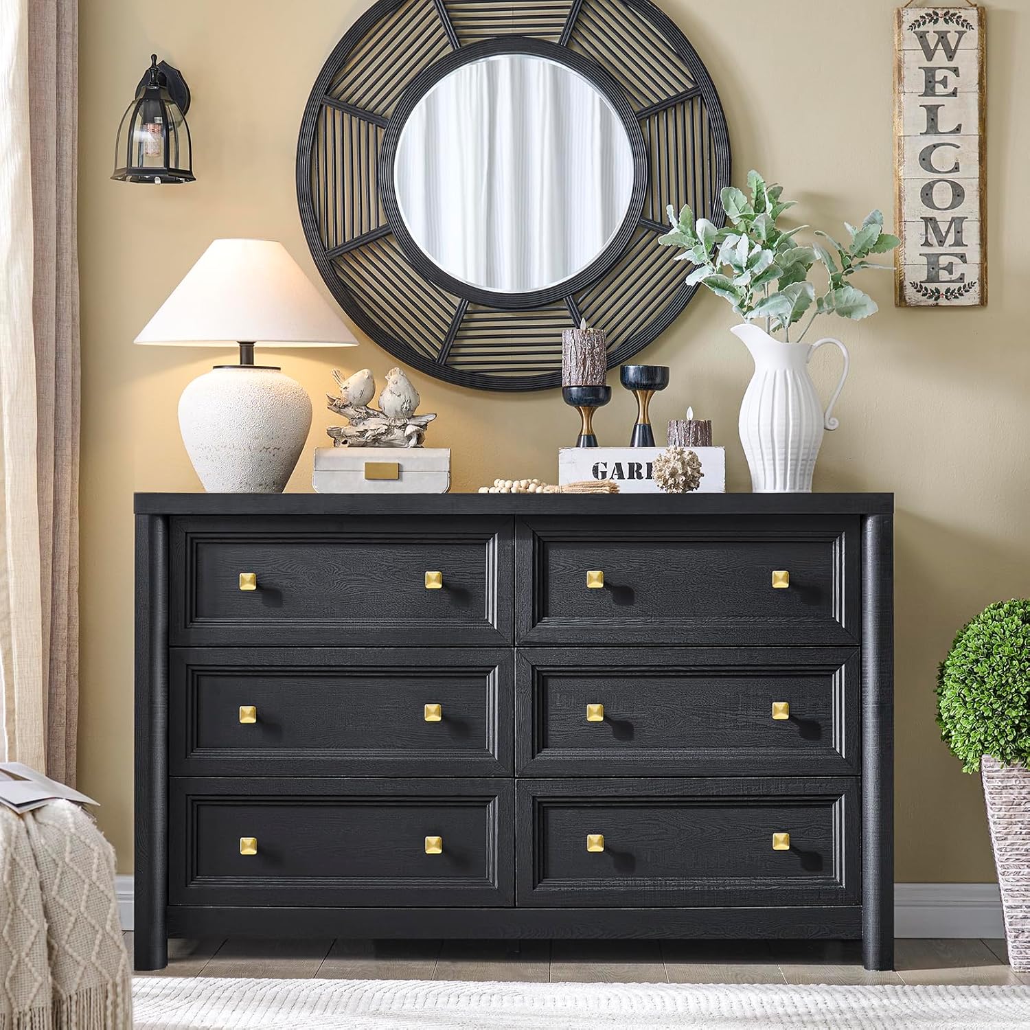 Black Dresser, Farmhouse 6 Drawer Dresser for Bedroom, 52 inch Wide Dressers with Deep Drawers