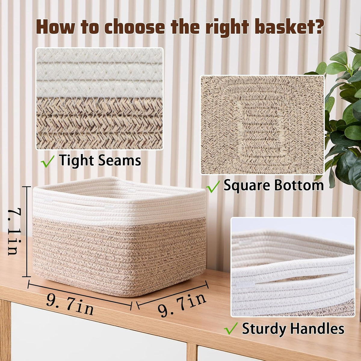 Small Organizing Baskets for Cubes Shelf, 9.7x9.7x7.1 Inch Rope Woven Storage Bins for Nursery