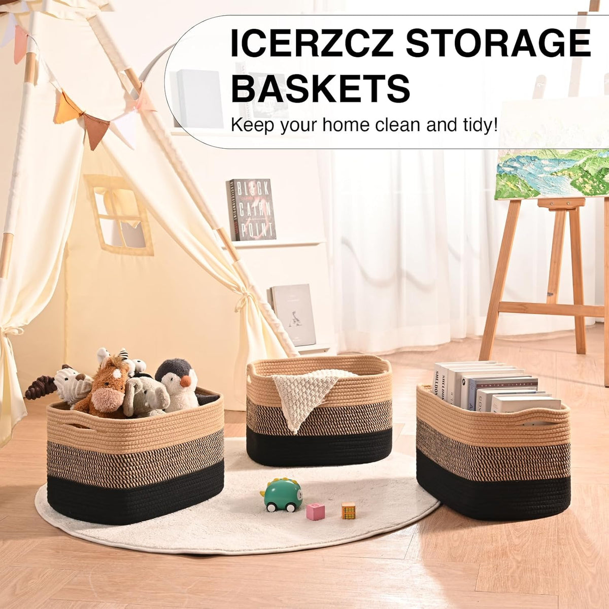 Storage Baskets for Organizing Shelves, Decorative Baskets for Storage, Woven Cotton Rope Basket