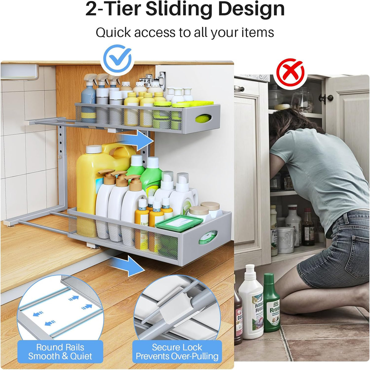 Under Sink Organizer, 2 Tier Pull Out Under Cabinet Organizer Shelf with Pad for Framed Cabinets