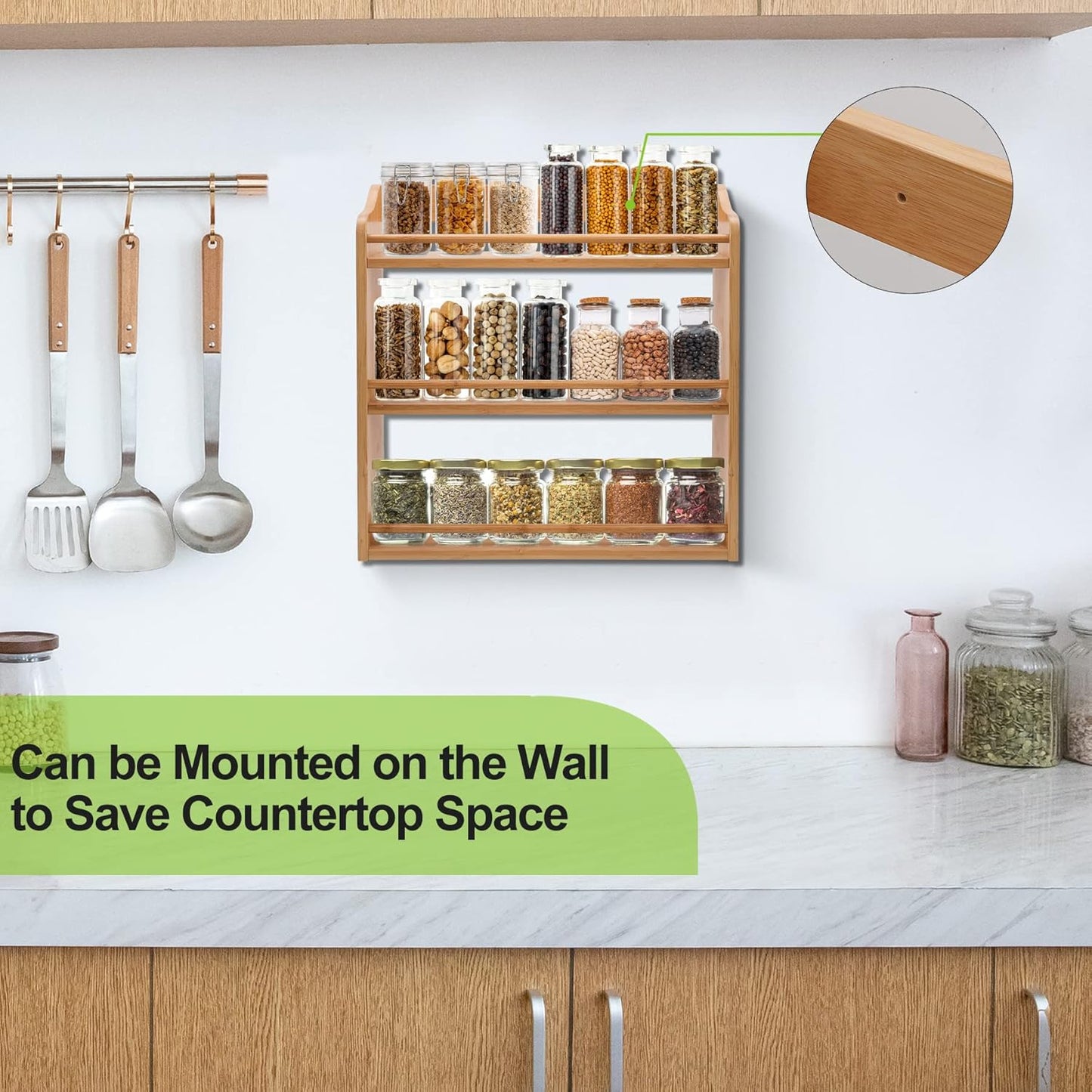 3 Tier Bamboo Spice Rack, Seasoning Jars Rack Shelf Spice Organizer for Kitchen Counter or Wall