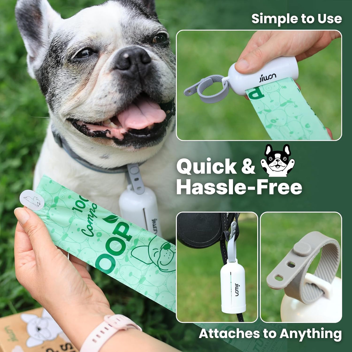 JIWON Dog Poop Bag Dispenser with 100% Compostable Refill Roll, Thick & Leakproof, Plant-Based