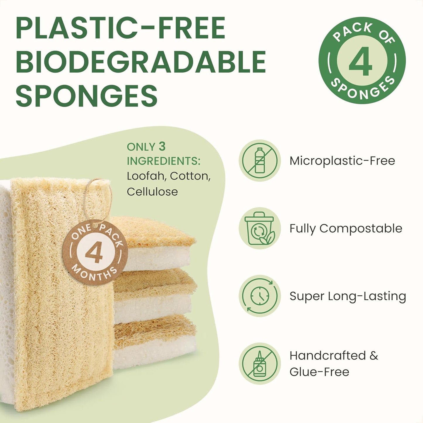 Natural Kitchen Sponges – Eco-Friendly, Compostable Dish Sponges – Loofah & Cellulose Scrubbers