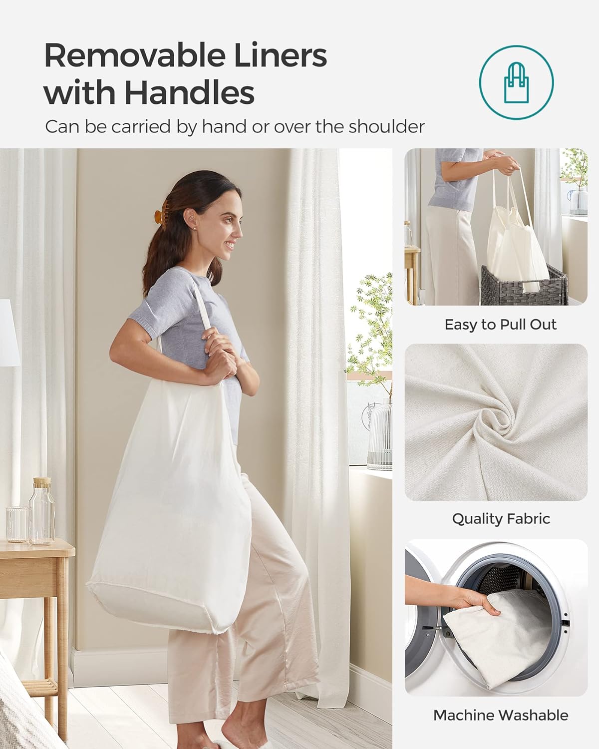 SONGMICS Laundry Hamper with Lid, 90L Clothes Hamper with 2 Removable Liner Bags, 6 Mesh Bags